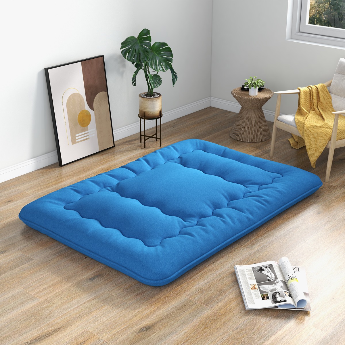 140 x 200 cm Japanische Futon Matratze mit Waschbarem Bezug &amp; Tragetasche Tatami-Matte Blau