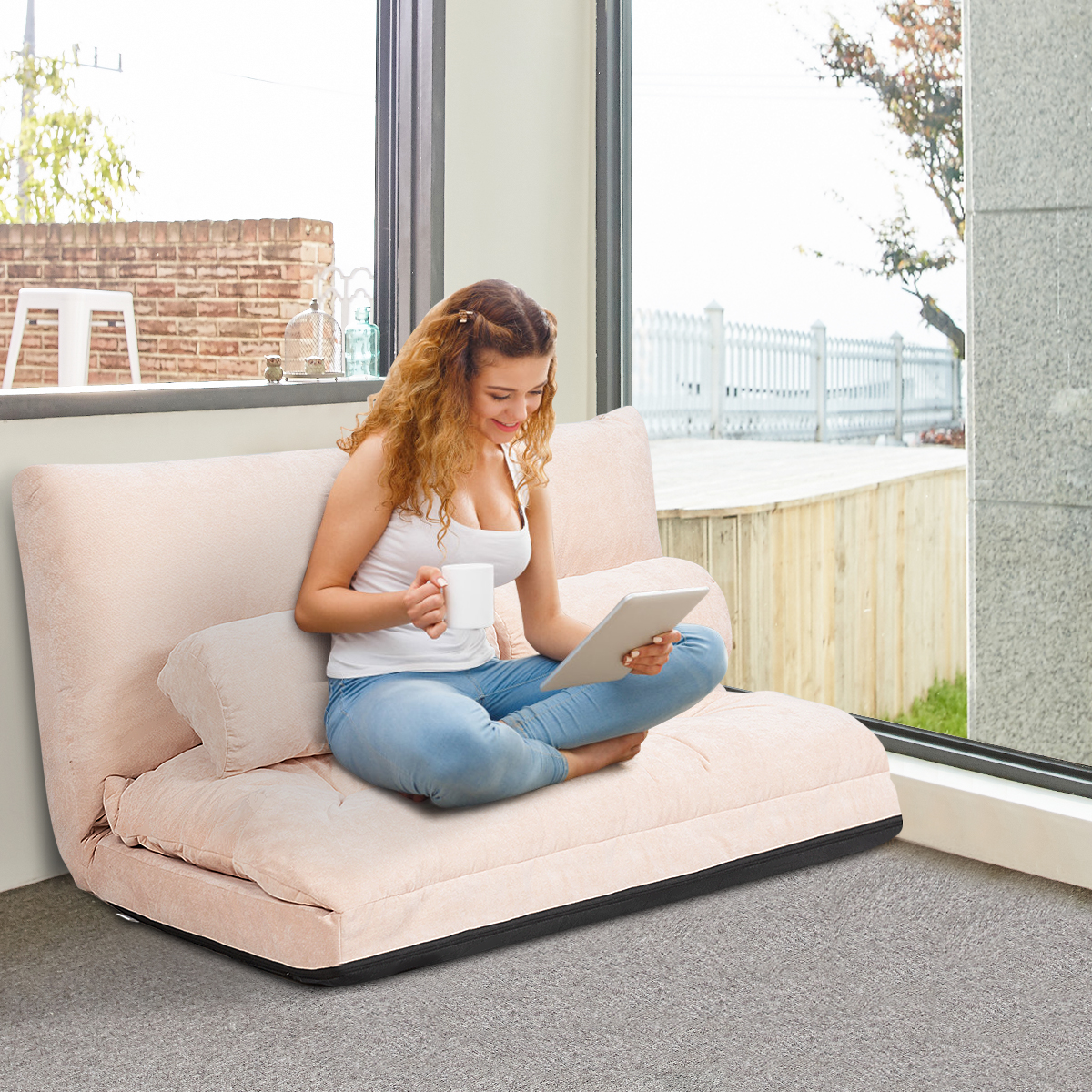 Bodensofa Bodenstuhl 6-Stufig Einstellbares Bodensessel mit 2 Kissen 180 x 98 x 18 cm Beige