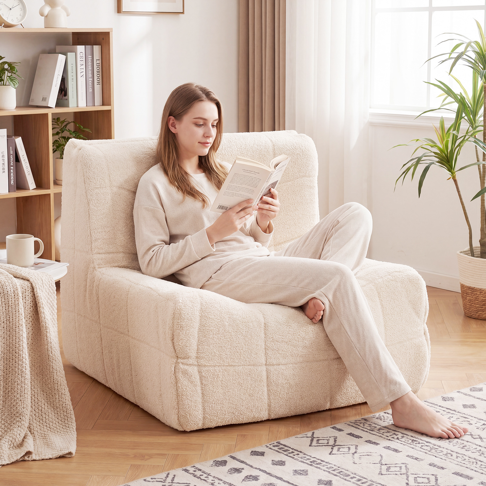 Bodensofa Sitzsack mit Einteiligem Schaumstoff & Teddyplüsch Bezug mit Zierknöpfen Weiß