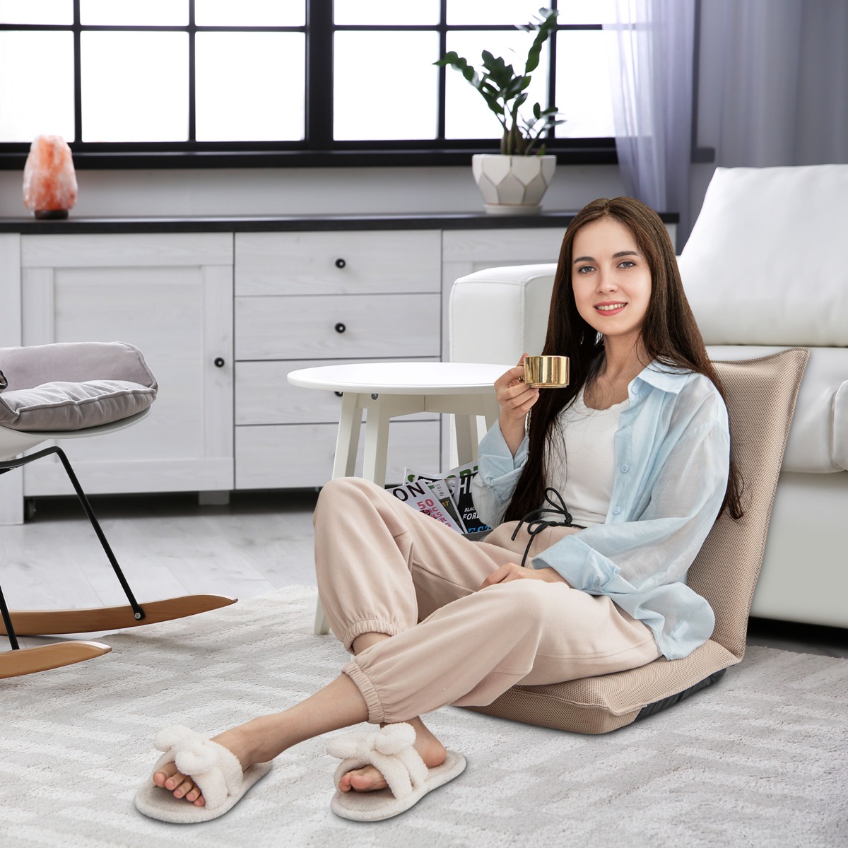 Bodenstuhl Bodensessel mit 6- stufig Verstellbarer Rückenlehne Game Sessel gepolstert Beige