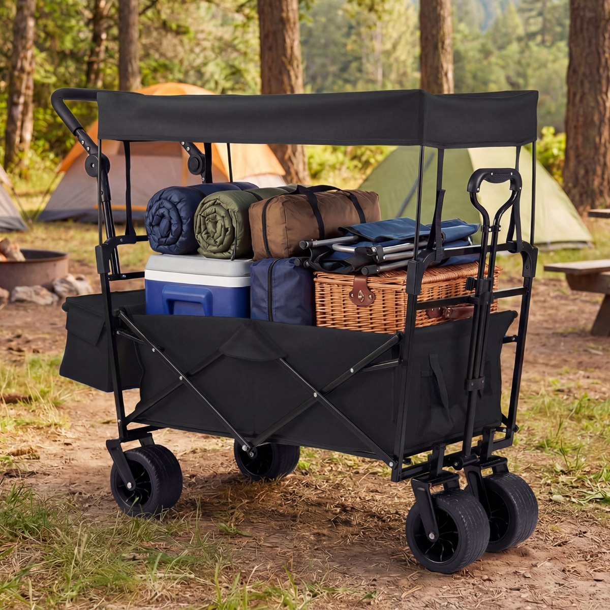 Faltbarer Bollerwagen mit abnehmbarer Dach Transportwagen mit verstellbaren Griffen Schwarz