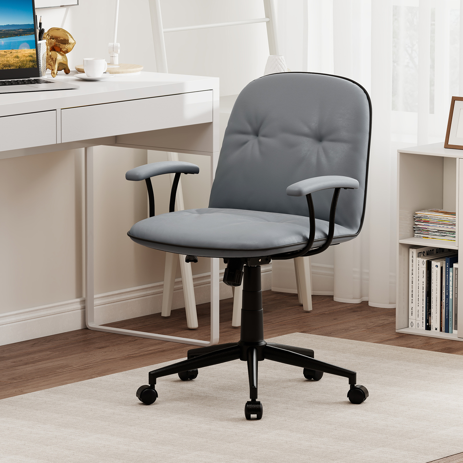 Bürostuhl ergonomisch Kunstleder Schreibtischstuhl mit gepolsterten Armlehnen & breitem Sitz Grau