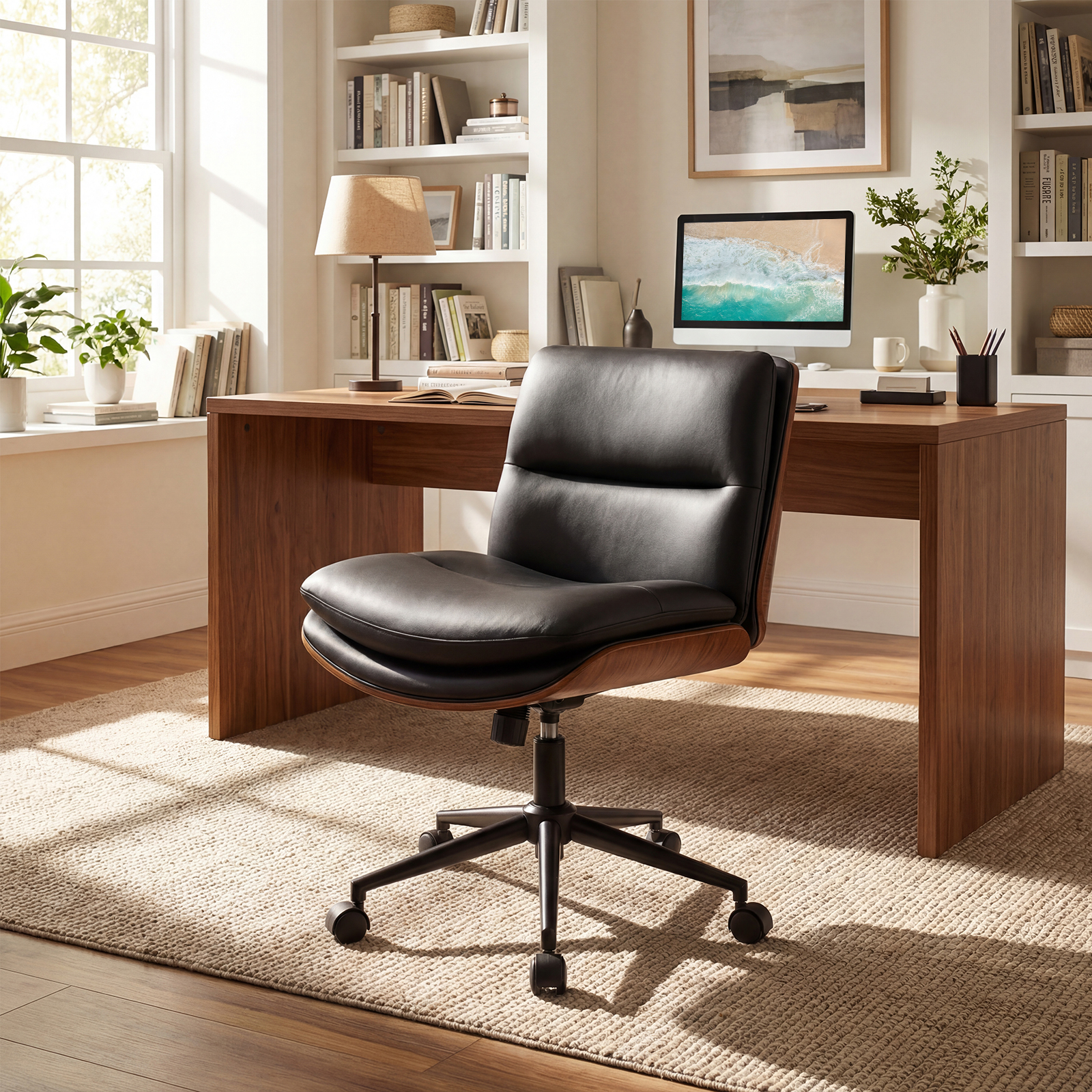Schneidersitz Stuhl mit Rollen Gepolsterter Schreibtischstuhl ohne Armlehnen Drehstuhl Schwarz
