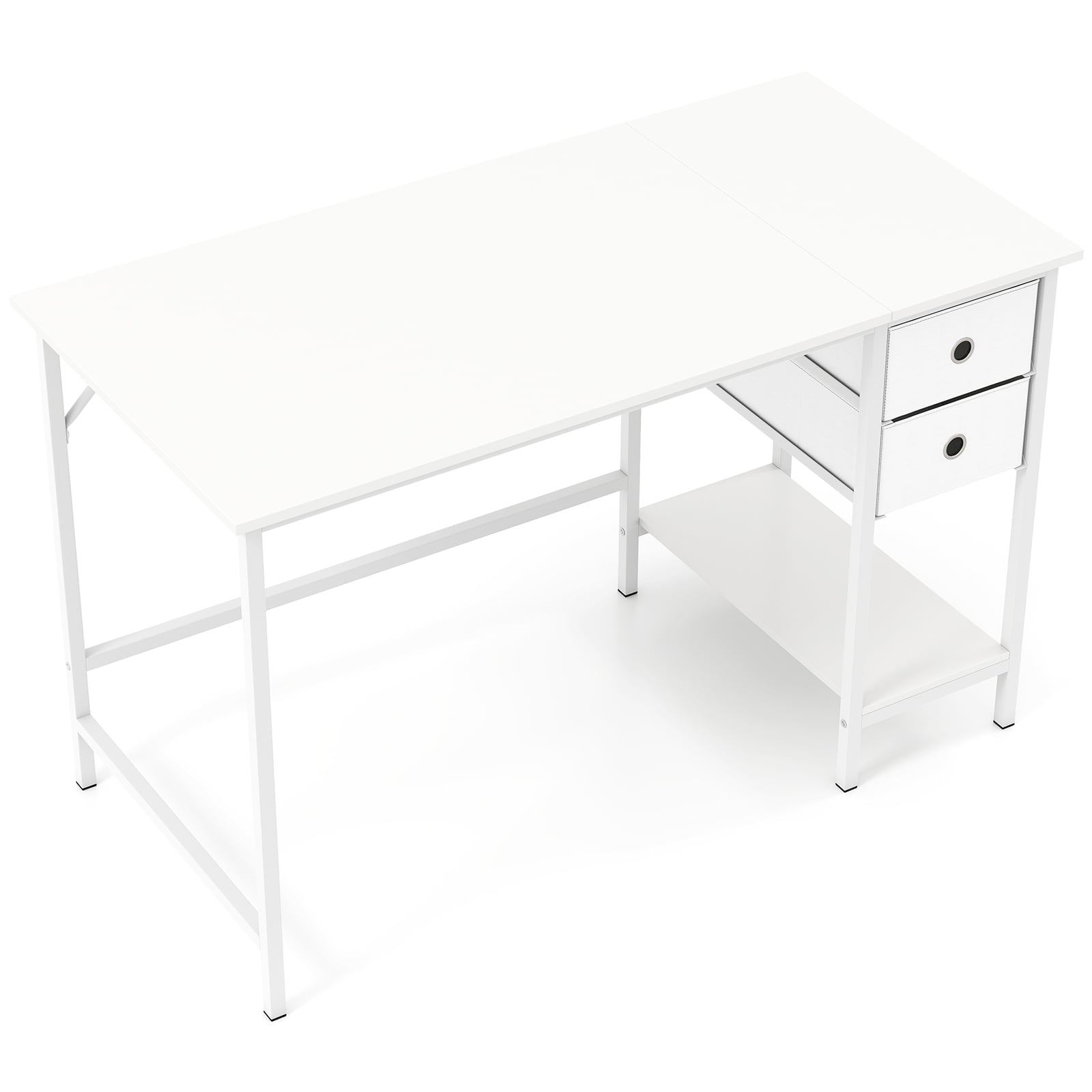 Bürotisch Computertisch mit 2 Stoffschubladen & Regal Arbeitstisch mit Metallrahmen Weiß 120 x 60 x 75cm