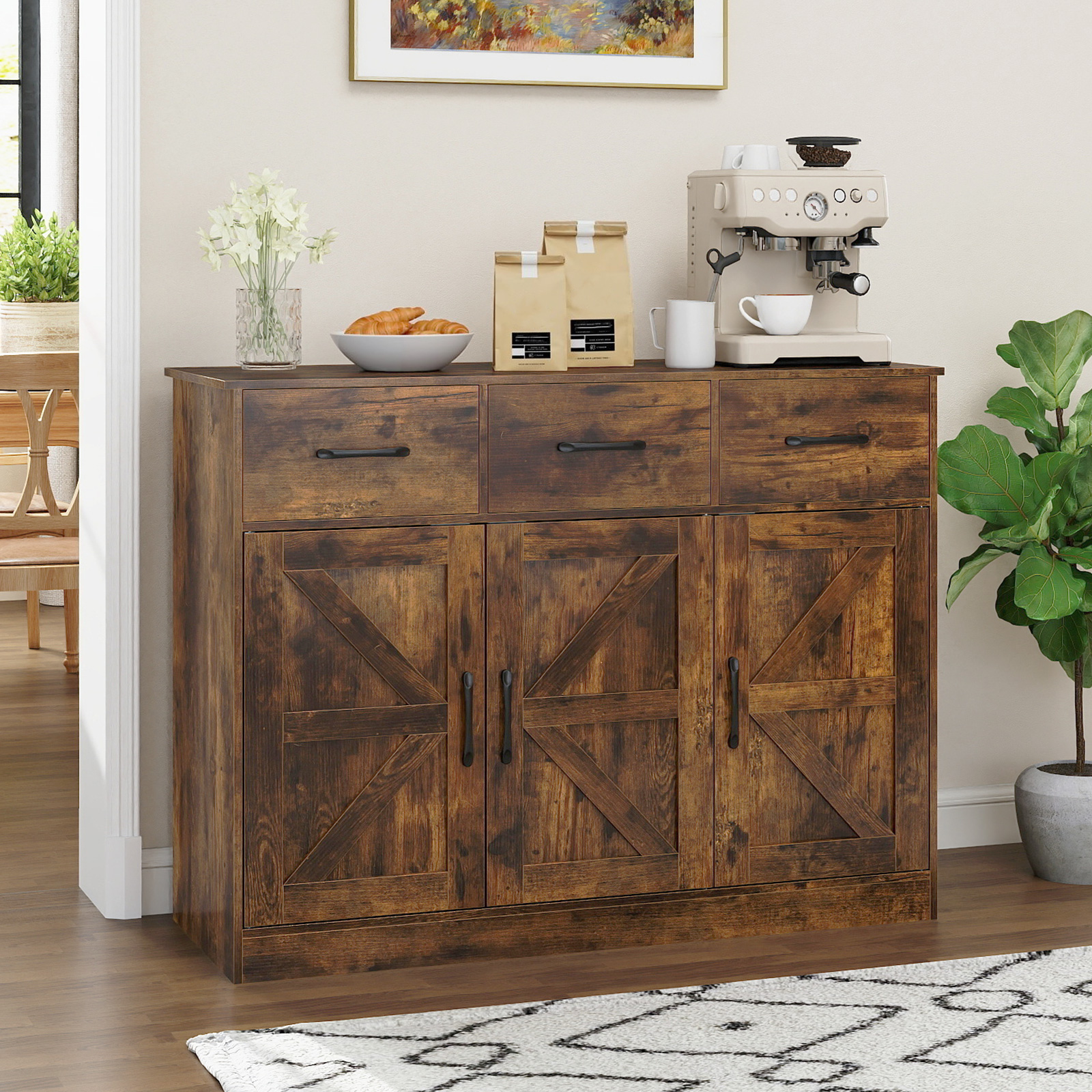 Buffetschrank mit 3 Schubladen Sideboard mit verstellbaren Regalen 108 x 38 x 81 cm Rustikal Braun