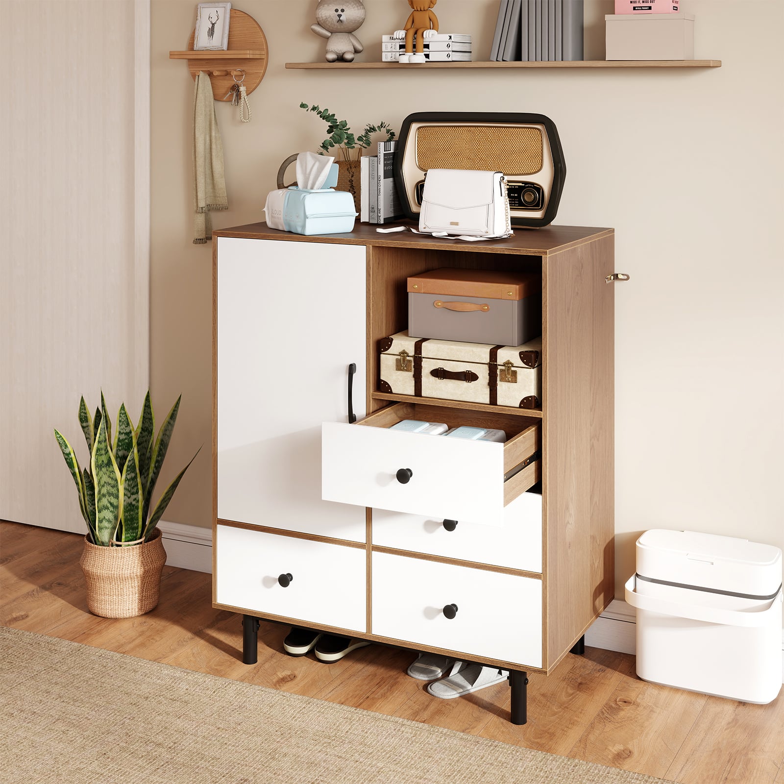 Buffet-Sideboard Mittelalter moderner Aufbewahrungsschrank mit 4 Schubladen & offenem Fach Natur