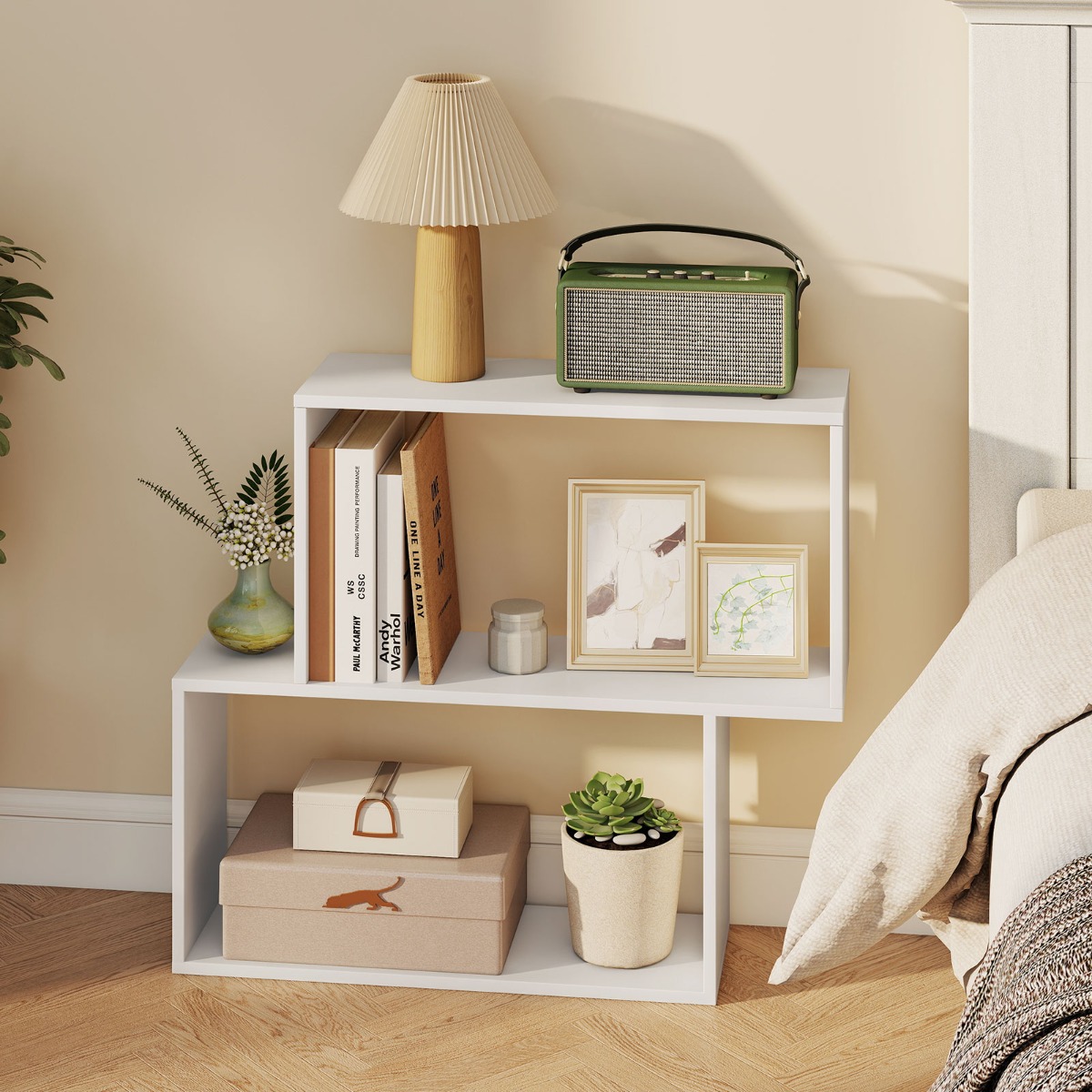 3-stöckiges geometrisches Bücherregal freistehendes Holzregal mit 2 würfelförmigen Fächern Weiß