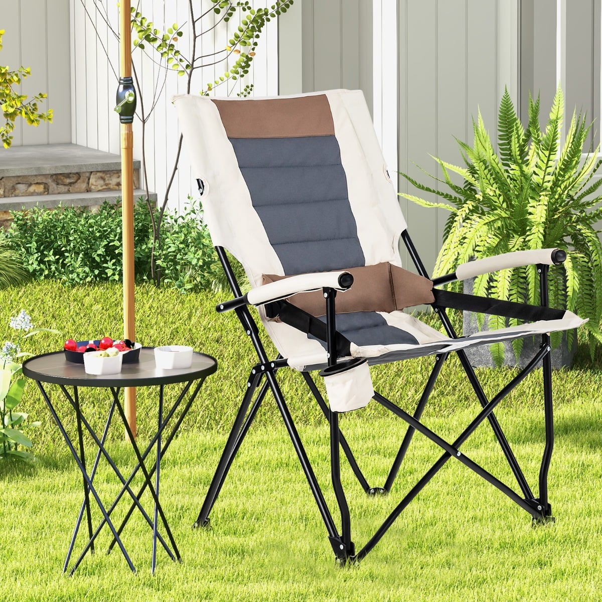 Camping-Klappstuhl Gepolsterter Gartenstuhl mit Getränkehalter 63 x 72 x 102 cm Braun + Weiß