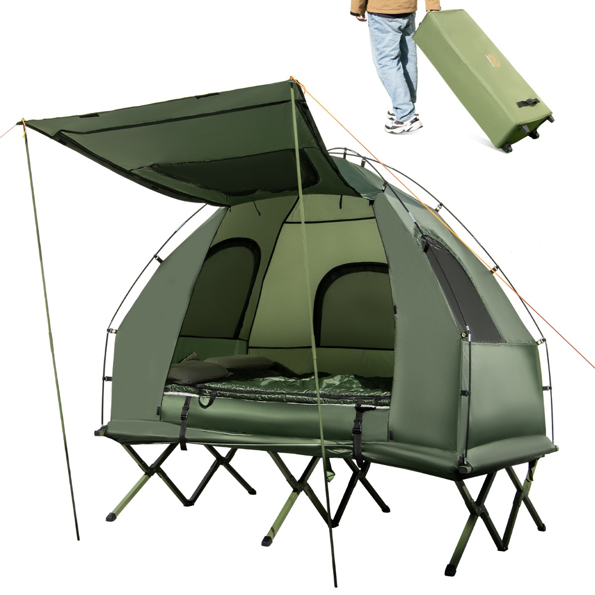 Campingbett mit Vorzelt & Luftmatratze & Schlafsack & 2 Kissen für 2 Personen Feldbett