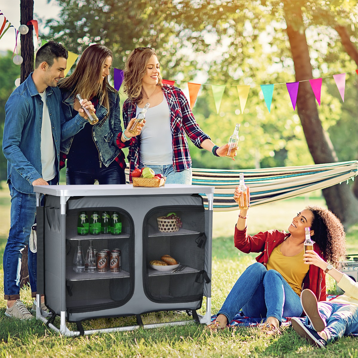 Faltbarer Campingschrank mit 3-stöckigen Regalen & Tragetasche Camping Faltschrank Grau