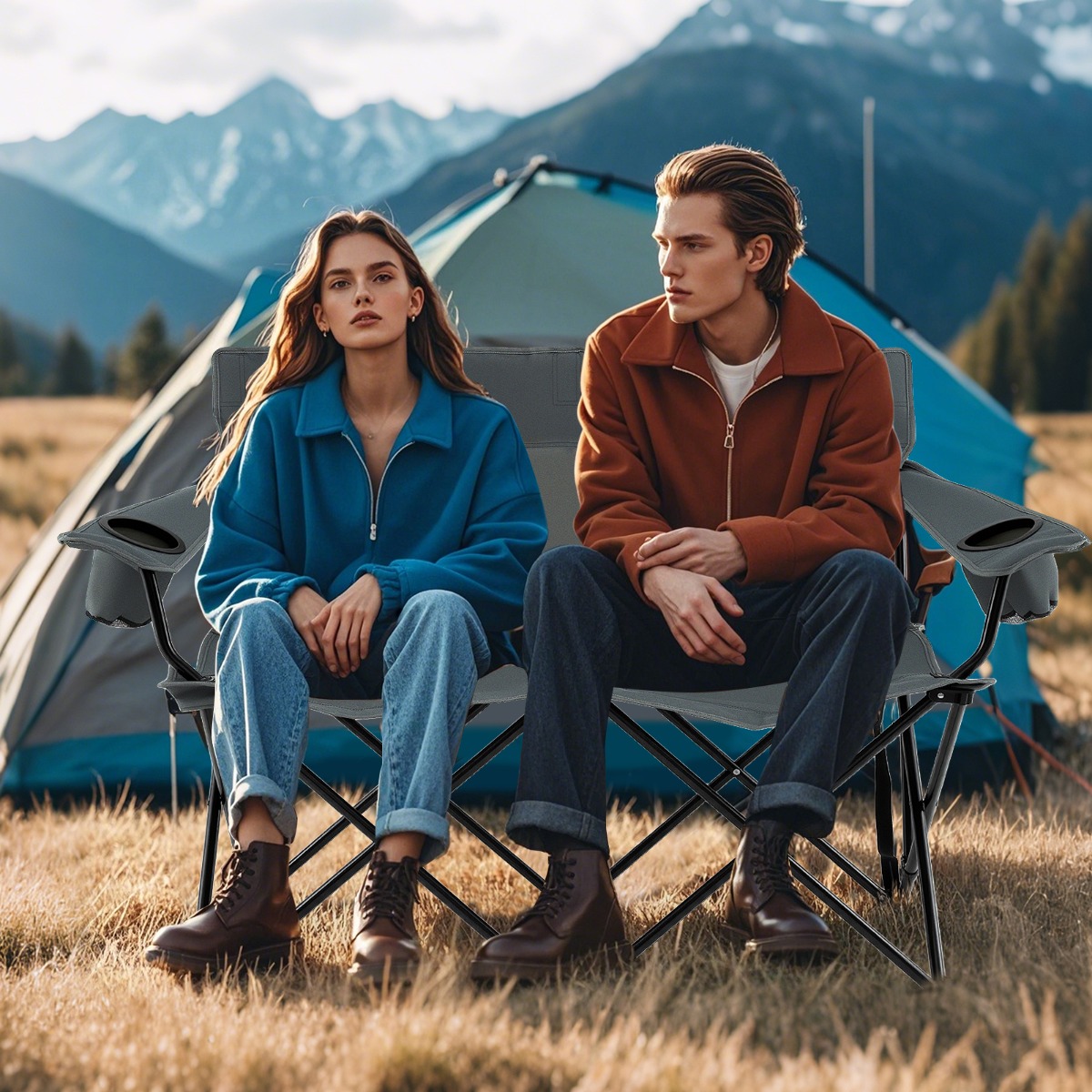 Campingstuhl für 2 Personen Klappstuhl mit Getränkehaltern & Armlehnen & Tragetasche Grau