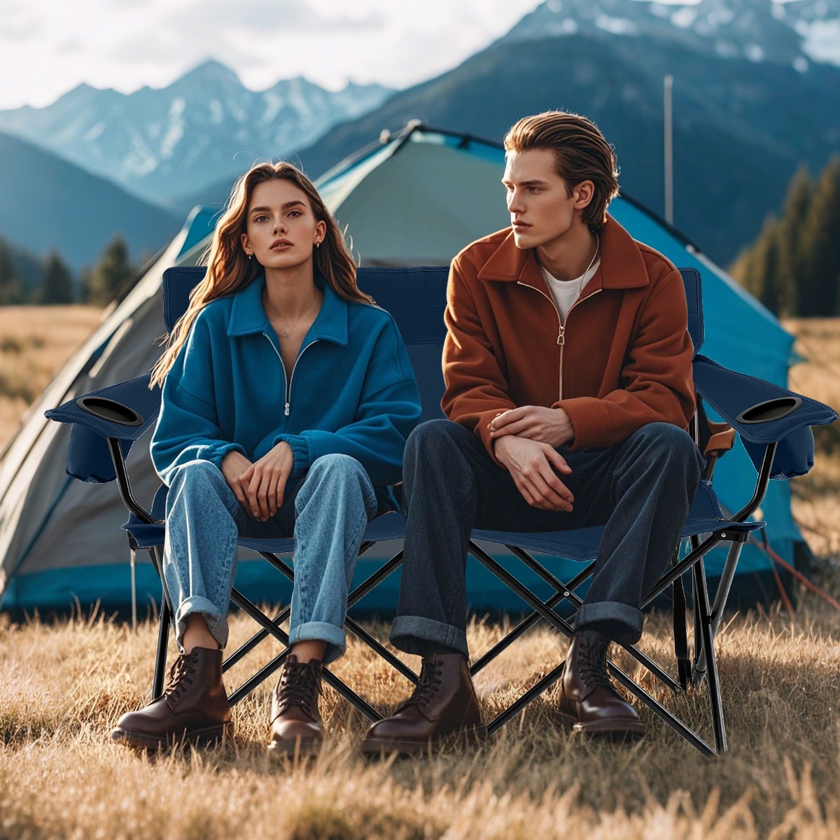 Campingstuhl für 2 Personen Klappstuhl mit Getränkehaltern & Armlehnen & Tragetasche Blau