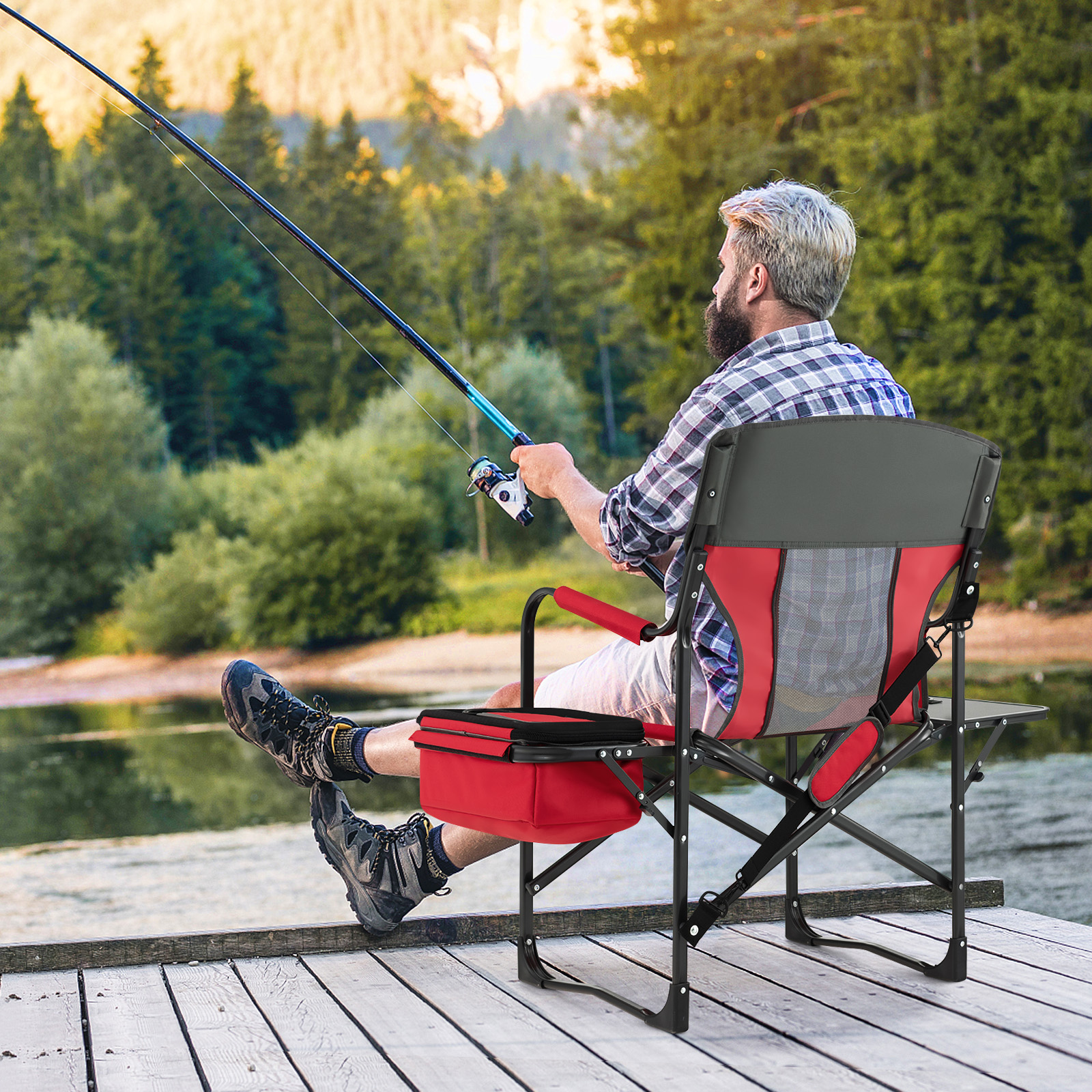 Campingstuhl mit Seitentisch & Kühltasche & Aufbewahrungstasche Klappbarer Angelstuhl Rot
