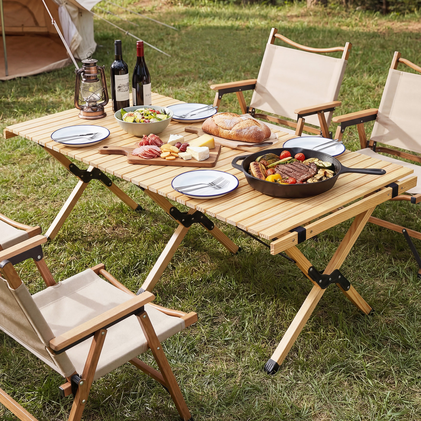Campingtisch Klappbar Picknicktisch aus Holz mit Aufrollbarer Tischplatte Tragbarer Klapptisch Natur