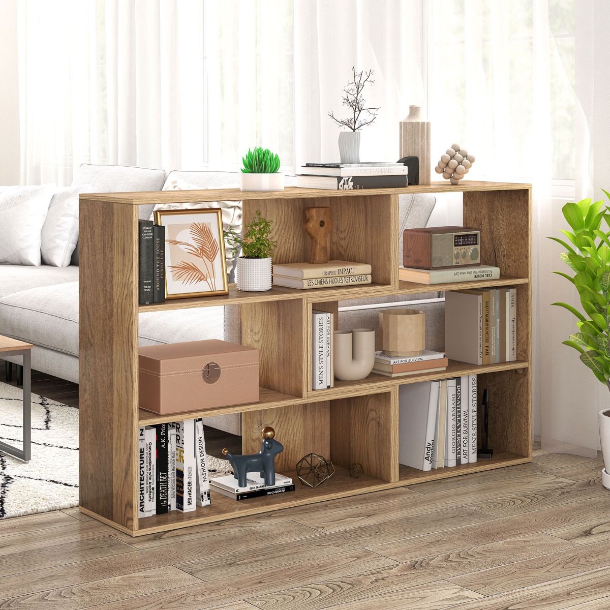 Konkaves + Konvexes Bücherregal mit 3 Regalebenen & Kippschutz Modernes Präsentationsregal Natur