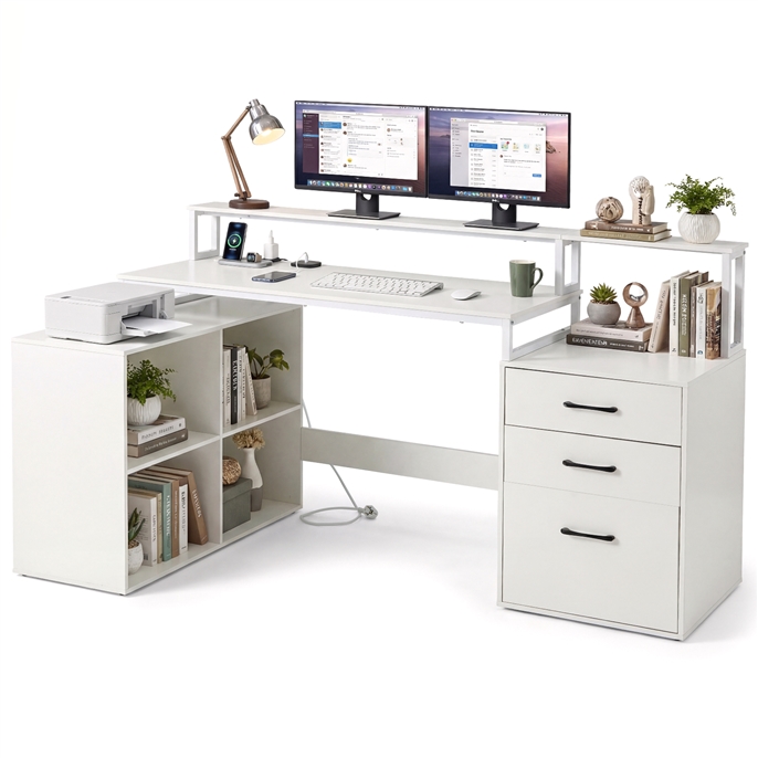 L-förmiger Schreibtisch mit Steckdosen & Schubladen & Würfelregal Computertisch Weiß