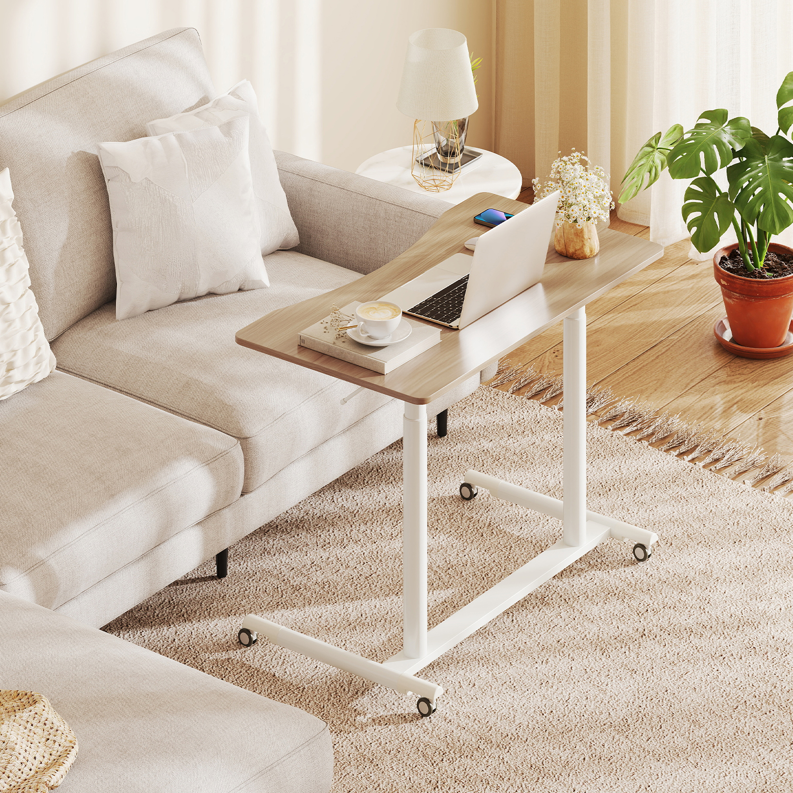 C-förmiger Schreibtsich mit Rollen 70-106 cm höhenverstellbarer Computertisch Stehpult Natur