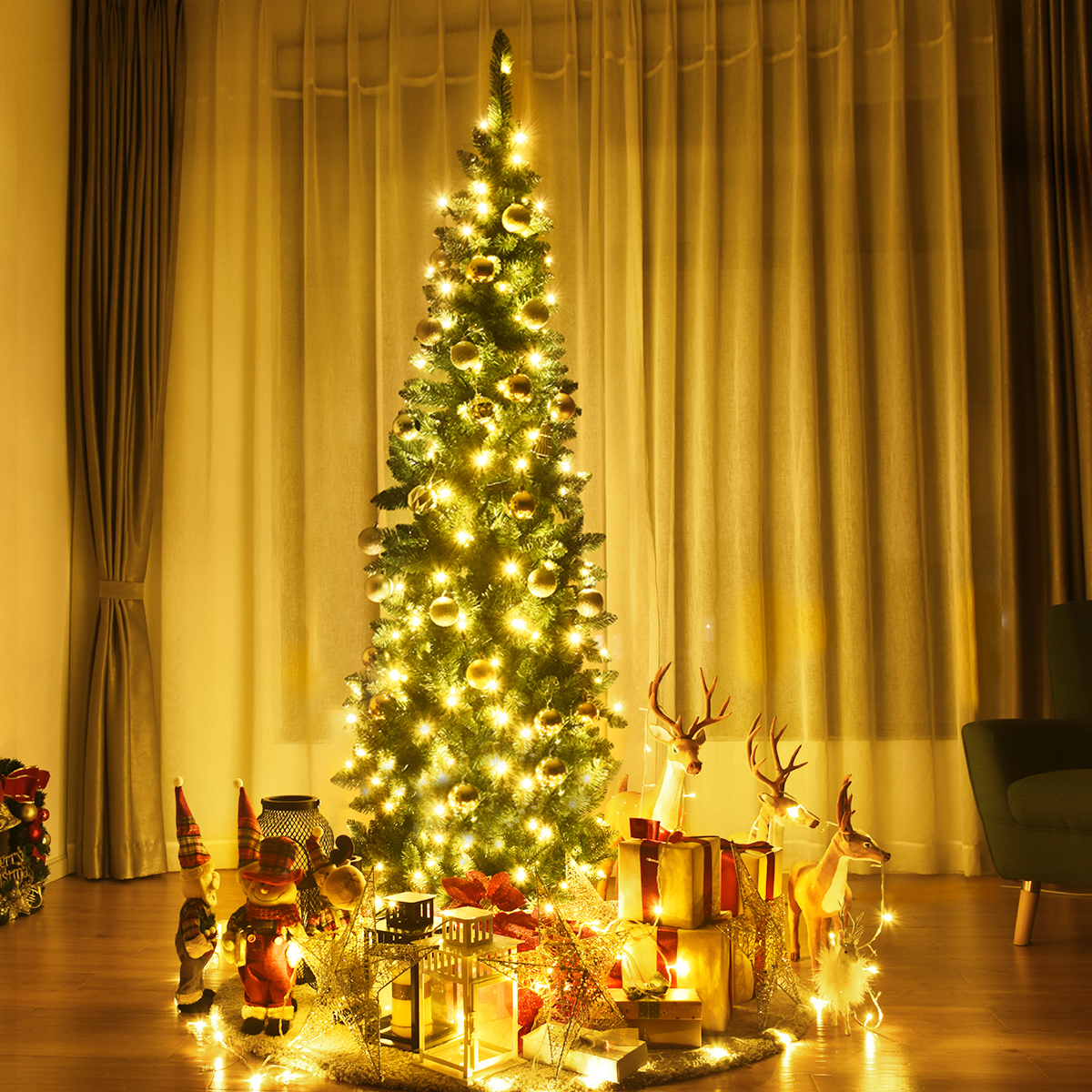 225 cm Weihnachtsbaum Hochwertige PVC Nadeln Bleistift-Förmiger Weihnachtsbaum Grün