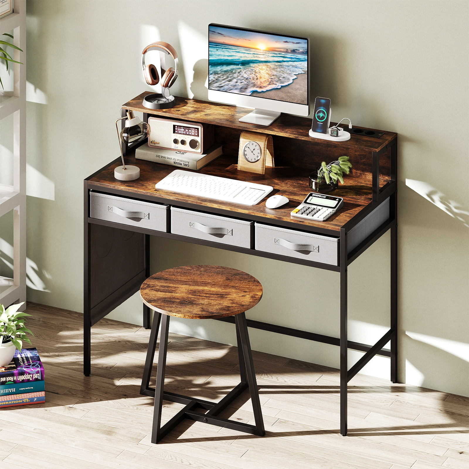 Computerschreibtisch mit Steckdosen Schminktisch und Hocker-Set mit Monitorständer Rustikal Braun