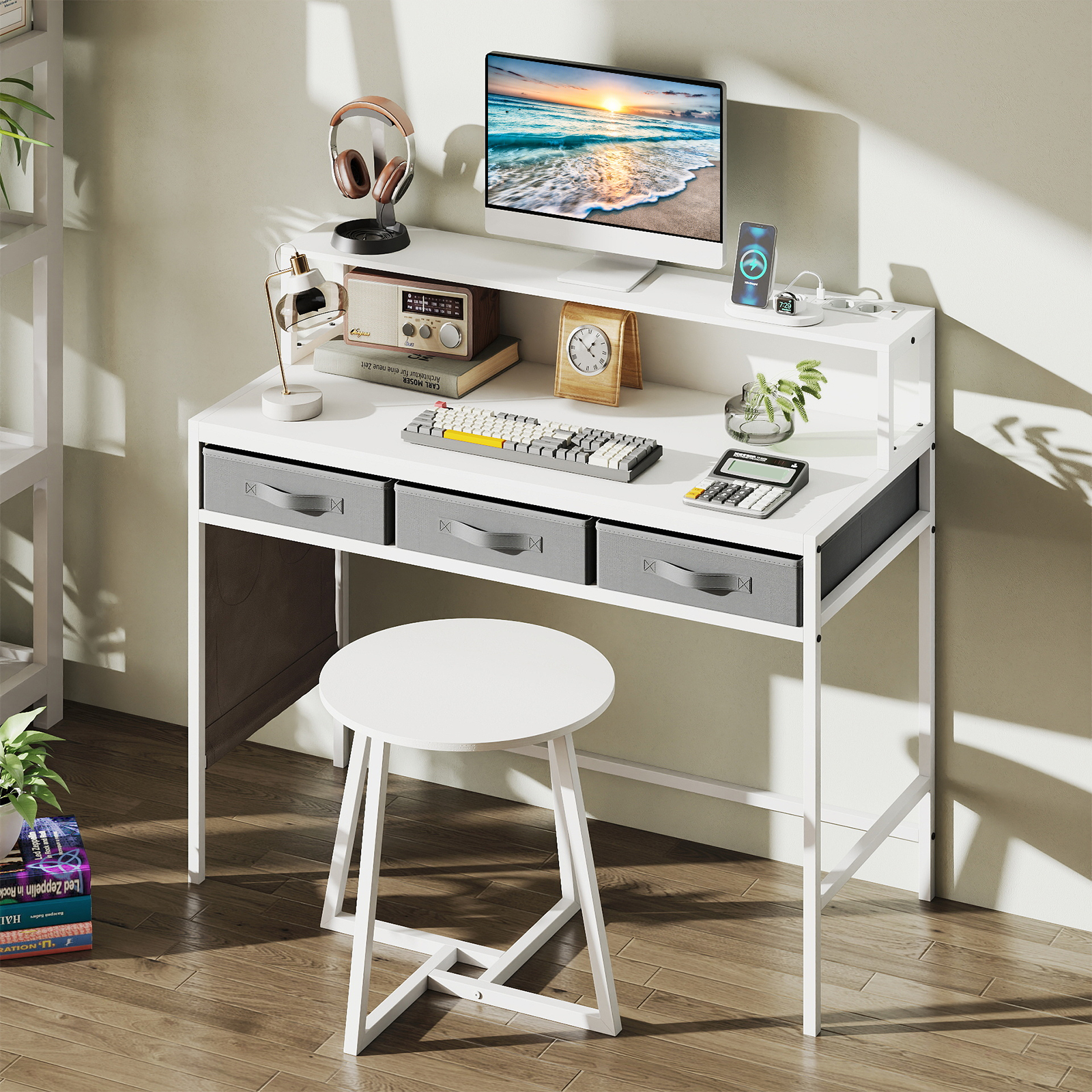 Computerschreibtisch mit Steckdosen Schminktisch und Hocker-Set mit Monitorständer Weiß