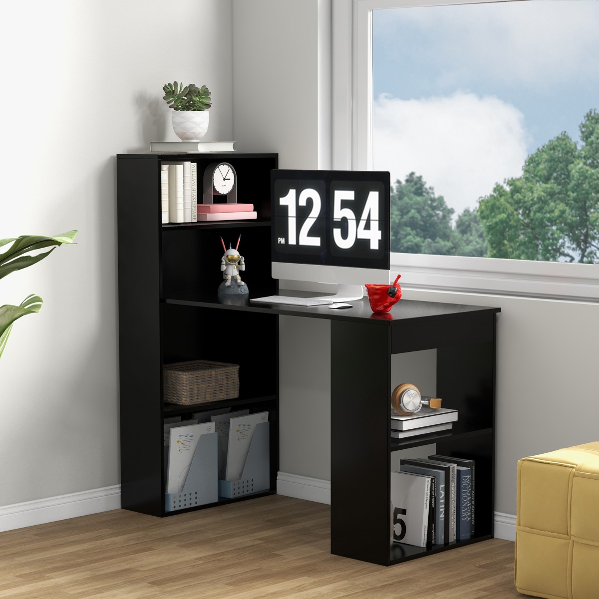 Schreibtisch mit Bücherregal Computertisch mit 6 Regalen PC-Tisch mit Regal Bürotisch Schwarz