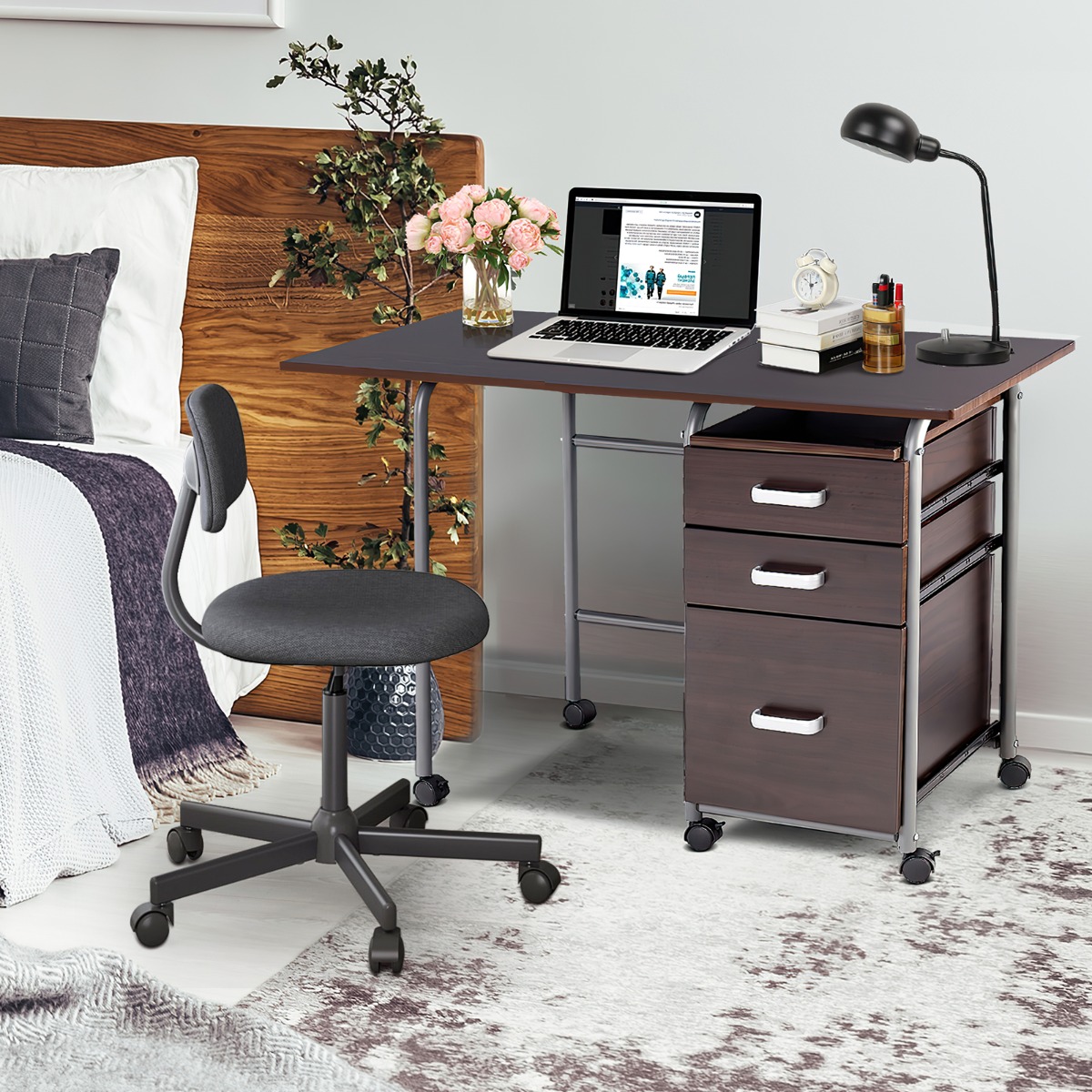 Klappbarer Computertisch Rollender Bürotisch mit Metallrahmen 105 x 50 x 75 cm Braun