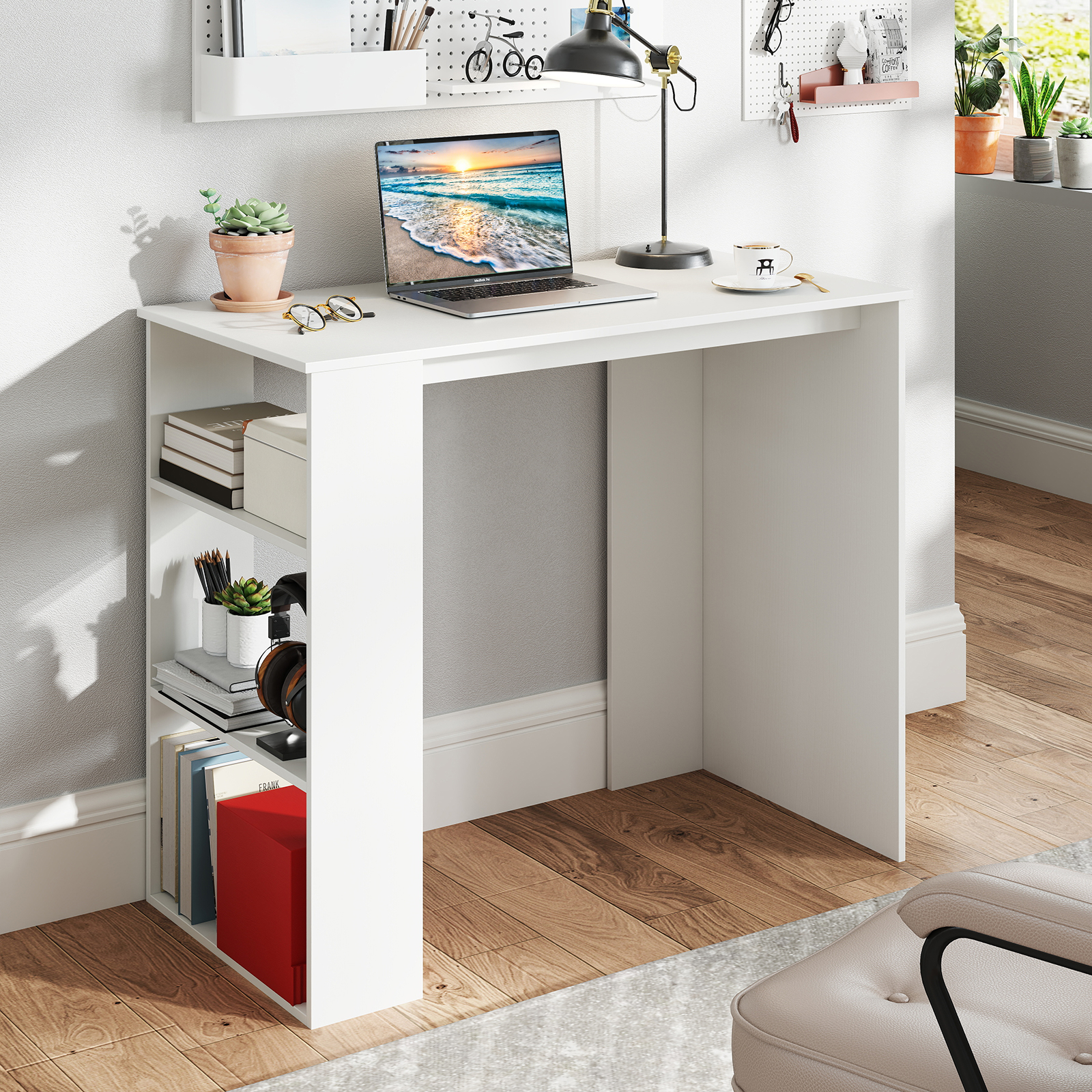 Computertisch 90 cm Schreibtisch mit Bücherregal moderner und schlichter Home-Office-Schreibtisch Weiß