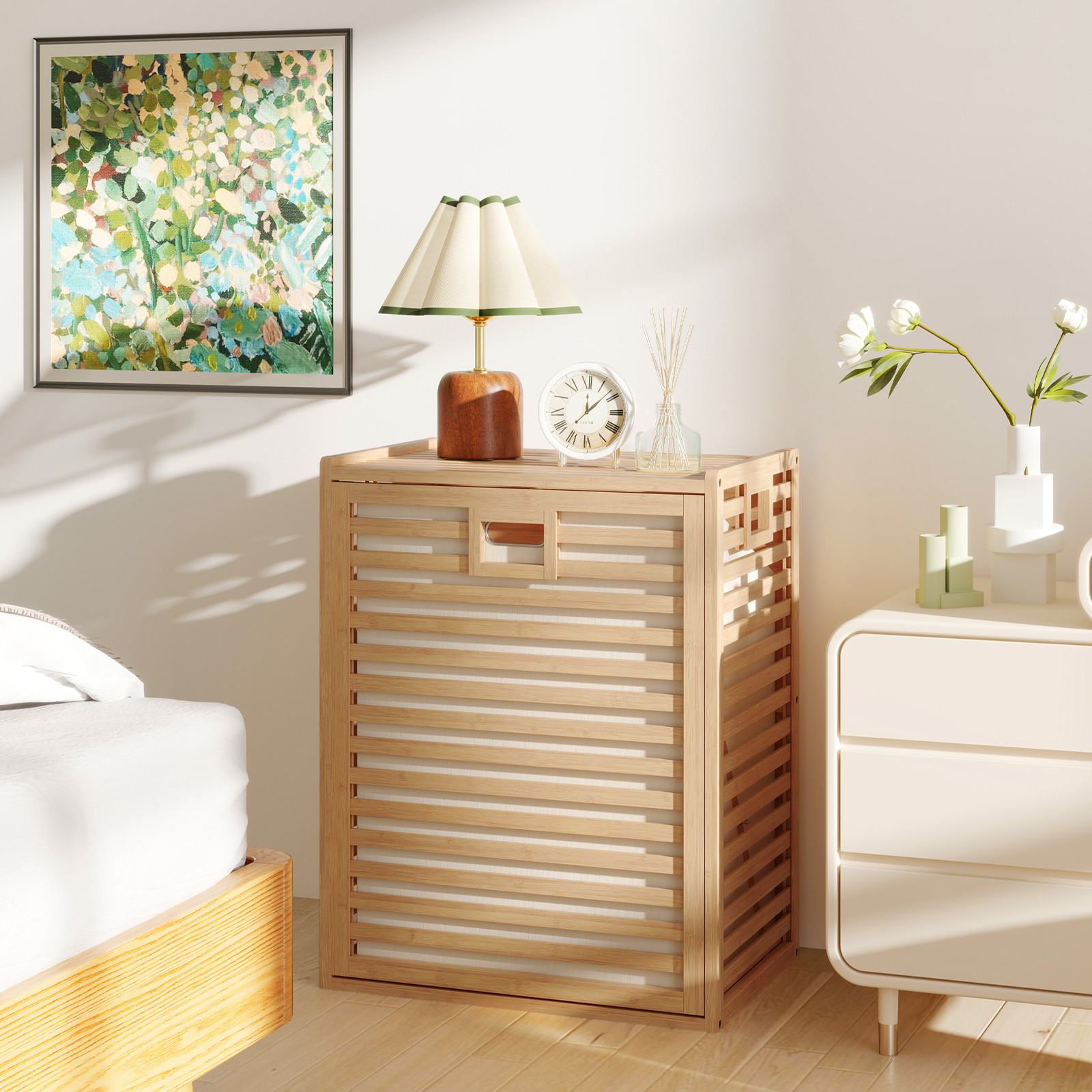 Badregal mit Wäschekorb 68 L Regal aus Bambus Badschrank mit Ablage Natur 50 x 35 x 64 cm
