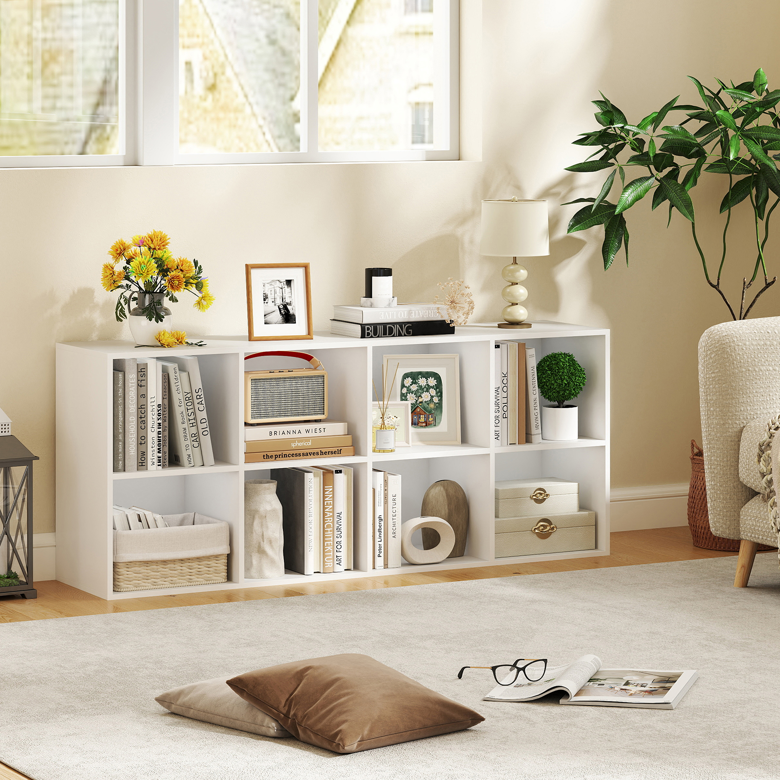 Bücherregal Bücherschrank mit 8 Fächern Büroregal Würfelregal Standregal Aufbewahrungregal 121,5 x 29 x 61 cm Weiß