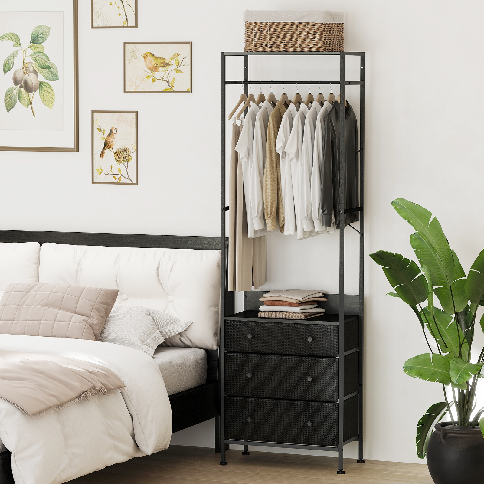 Kleiderständer mit Schubladen & 3-Positionen-Hängestange & Ablagefächern Schrank-Organizer Schwarz