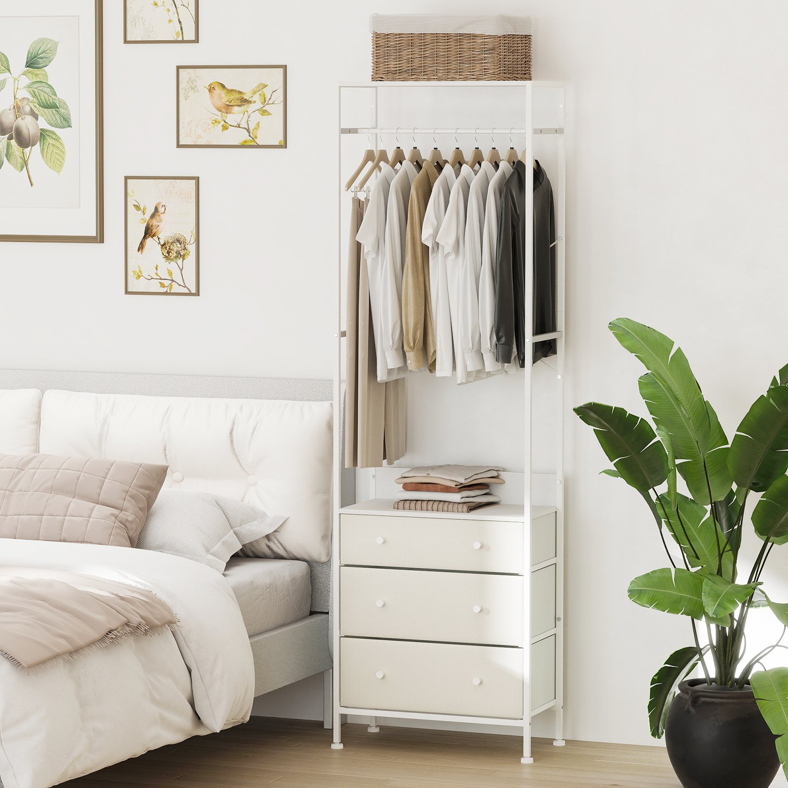 Kleiderständer mit Schubladen & 3-Positionen-Hängestange & Ablagefächern Schrank-Organizer Weiß