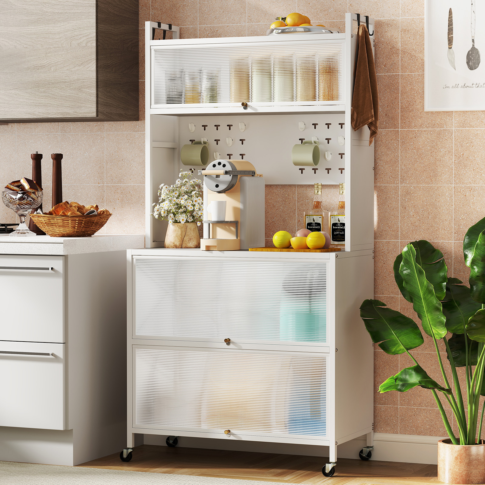 Hoch Küchenschrank mit Rollen & Klapptüren & Stecktafel & Haken Buffetschrank Weiß