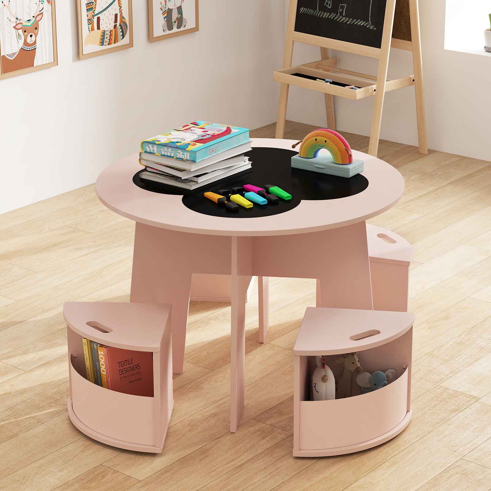 Kindertisch und Stuhl Set rund 5 teilige Kindersitzgruppe aus Holz mit 4 Stauraumhocker Rosa