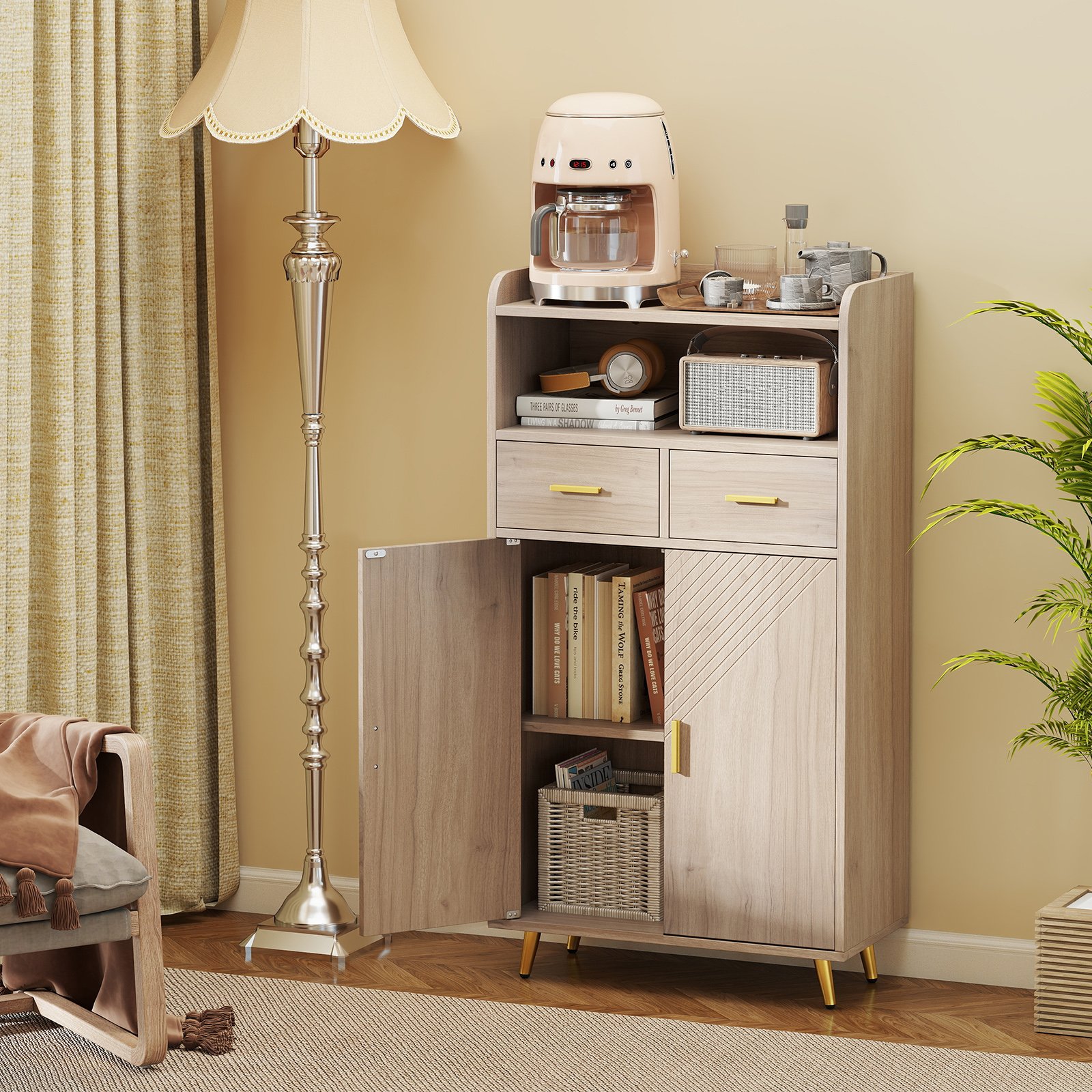 Mehrzweckschrank mit Doppeltür & 2 Schubladen & Einstellbarem Regal Küchenschrank Grau