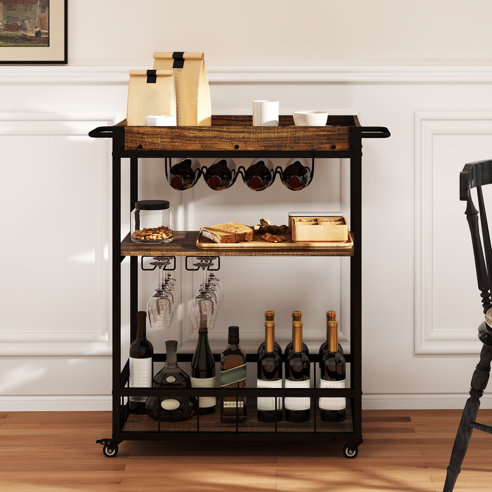 Servierwagen mit abnehmbarem Tablett Küchenwagen 3 Ebenen Rollwagen Vintage Braun