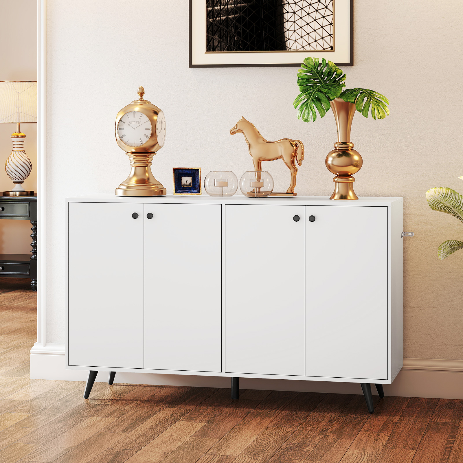 Sideboard Holz Kommode mit 4 Türen & 5-fach verstellbare Ablagen 127,5 x 38 x 80 cm Weiß