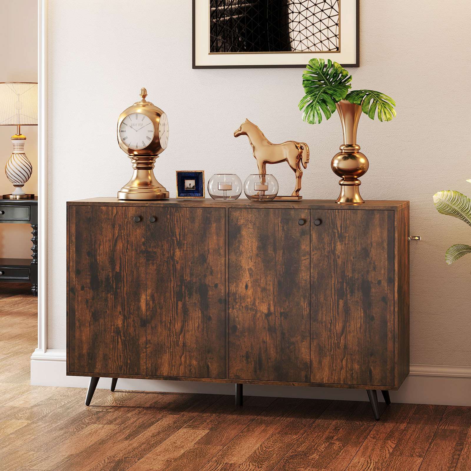 Sideboard Holz Kommode mit 4 Türen & 5-fach verstellbare Ablagen 127,5 x 38 x 80 cm Braun