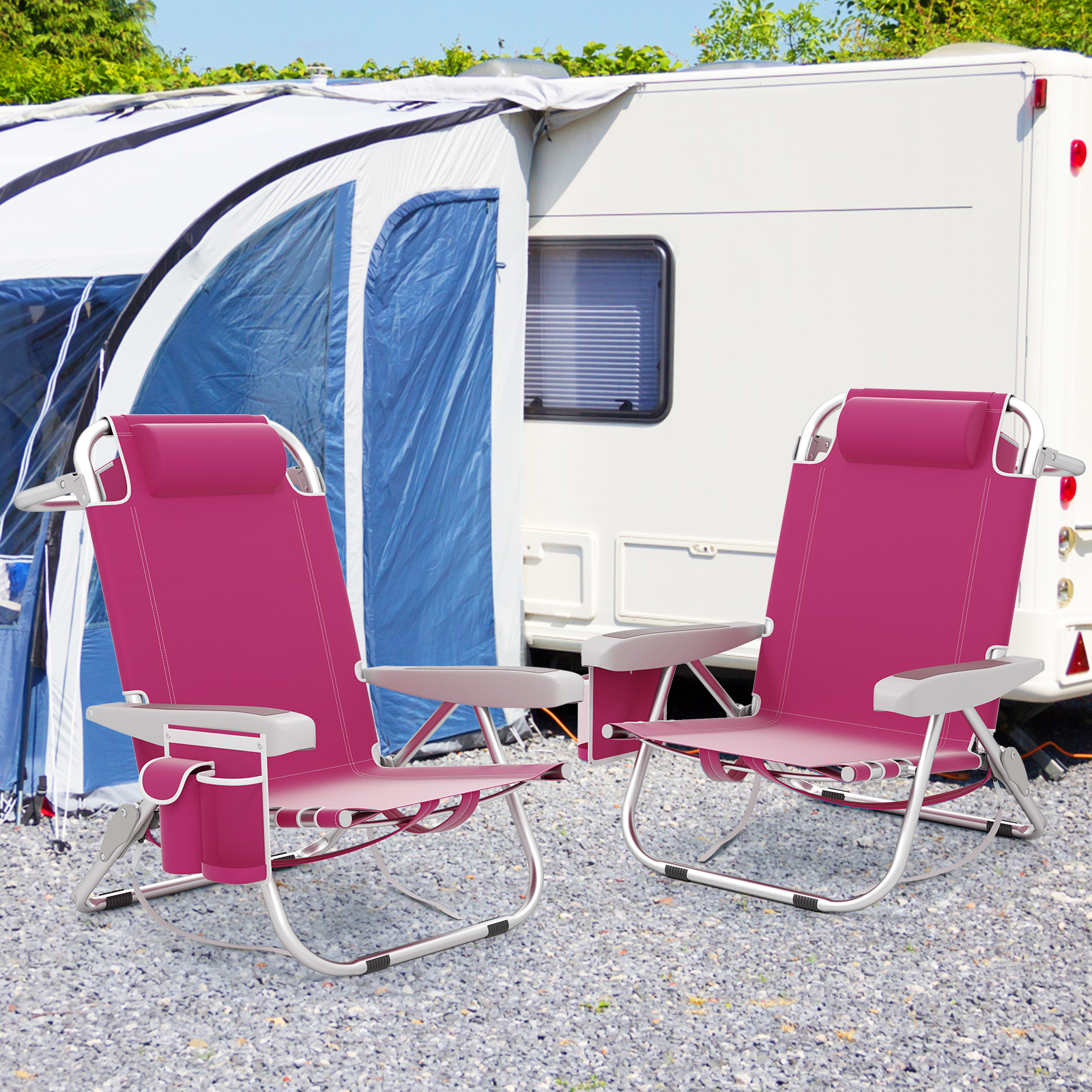 2er Set Klappbarer Strandstuhl mit Verstellbarer Rückenlehne & Seitentaschen Campingstuhl Rosa