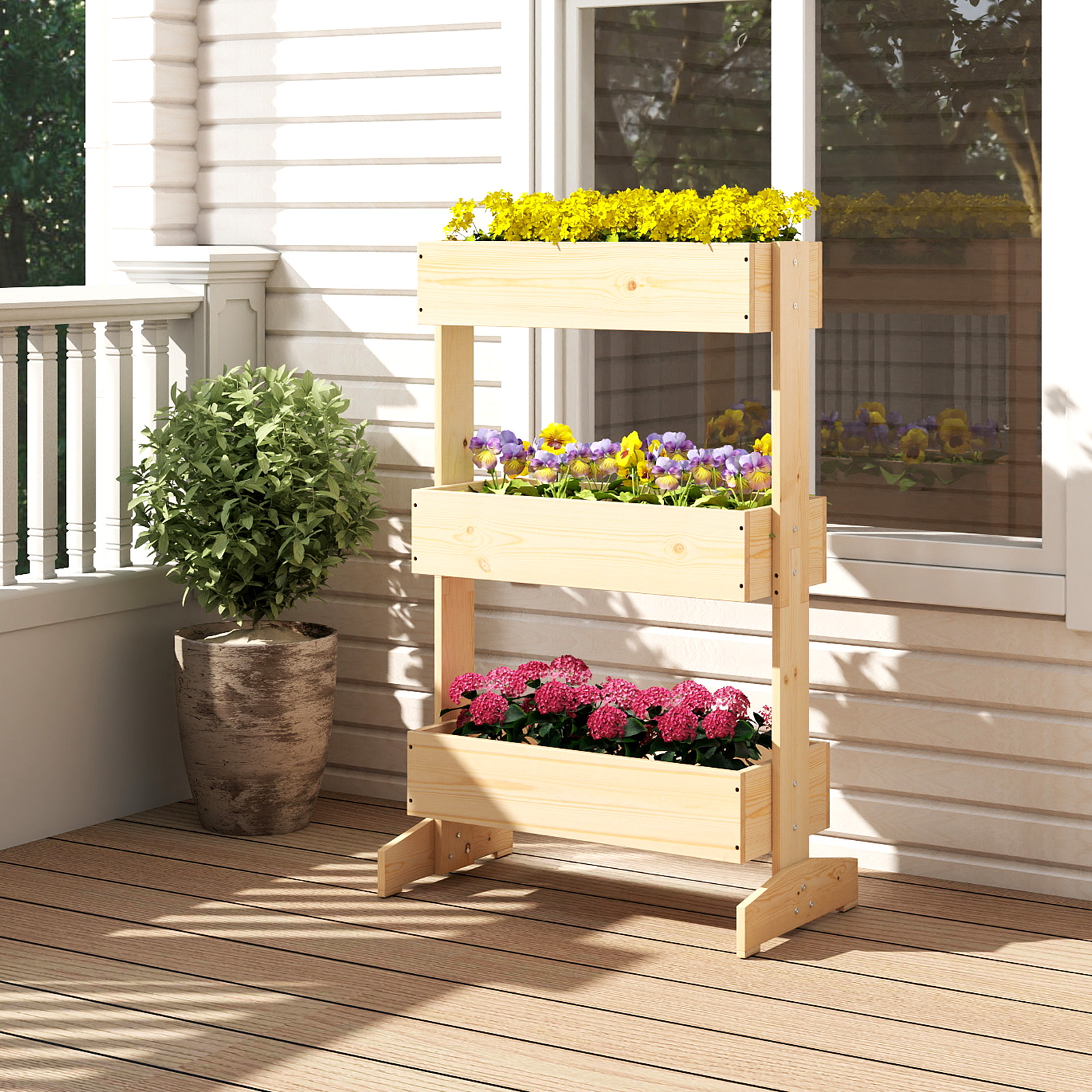 Vertikales Hochbeet mit 3 Etagen Blumenbeet mit 3 Pflanzkästen Gartenbeet Tannenholz Natur 69 x 39 x 109 cm