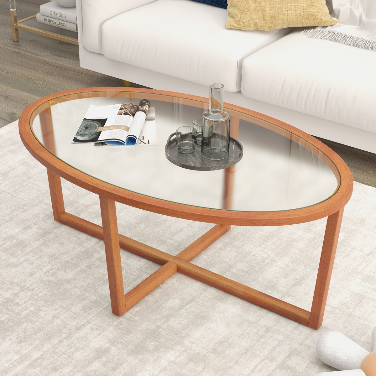 Glas Couchtisch mit Kreuzfuß & Beinen aus Akazienholz Modern Glastisch Beistelltisch