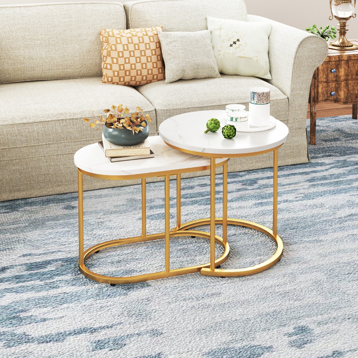 2er Set Couchtisch mit Marmoroptik Beistelltisch Holz mit goldfarbenem Metallbeinen
