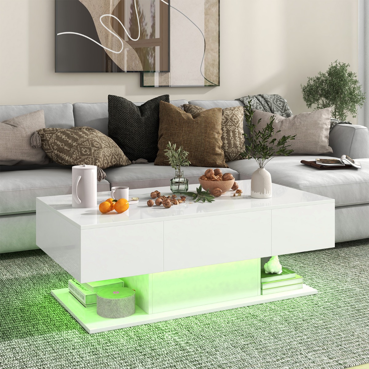 Couchtisch mit LED Beleuchtung Hochglanz 20 Farben Helligkeit einstellbar 110 x 60 x 40 cm Weiß