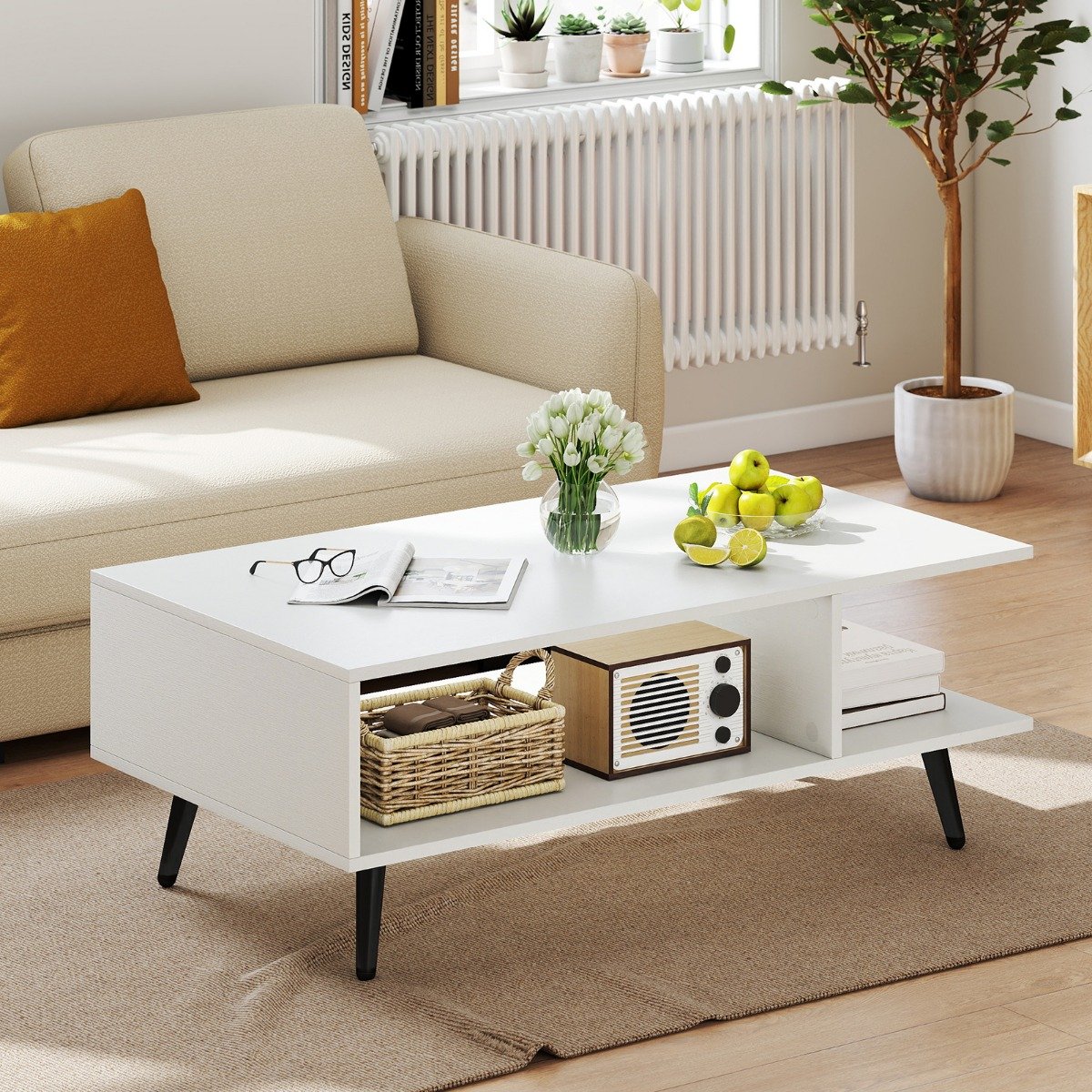 Couchtisch mit Stauraum 2 stufiger Wohnzimmertisch mit offenem Regal & Metallbeinen Beistelltisch aus Holz 80 x 45 x 30 cm Weiß