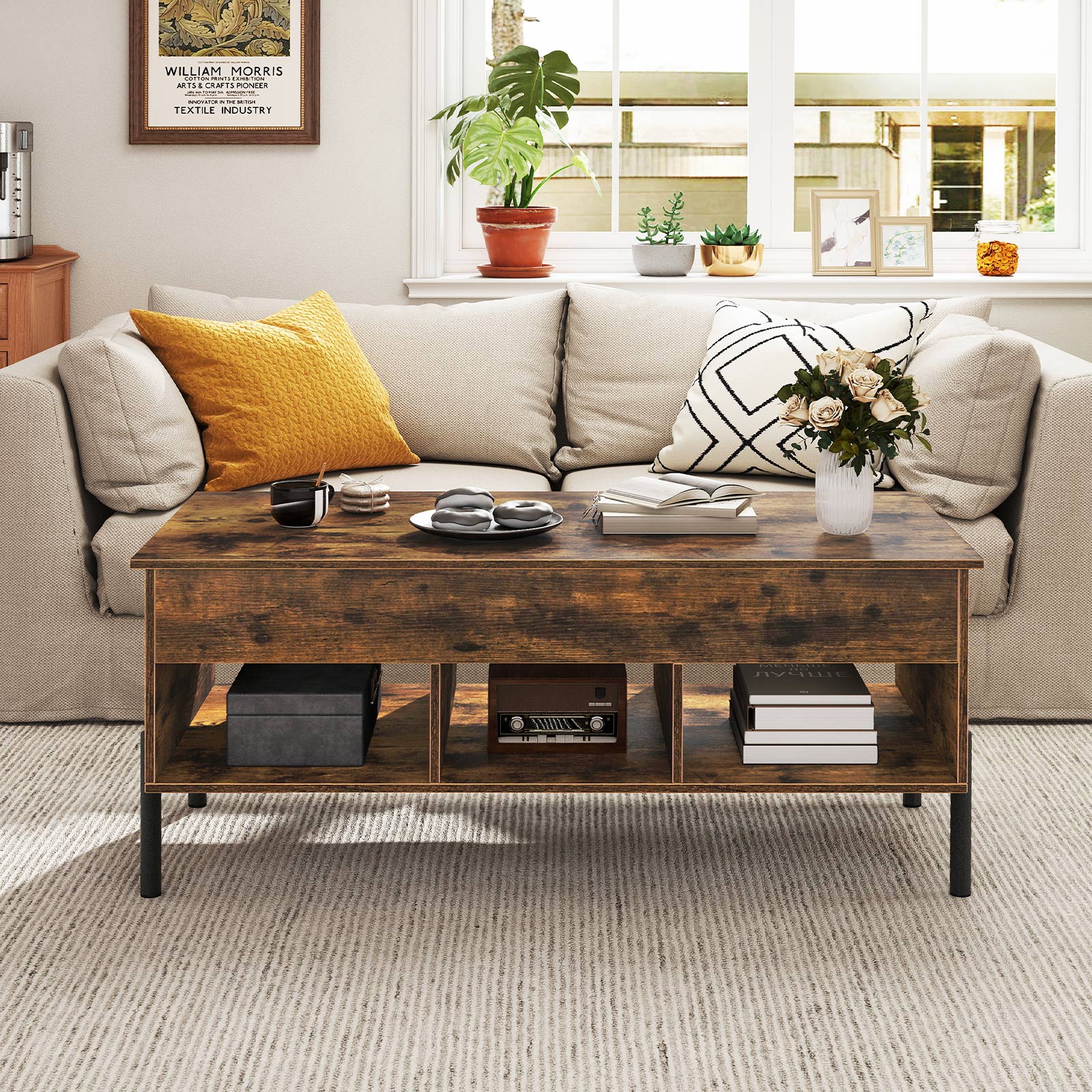 Couchtisch höhenverstellbar Kaffeetisch mit anhebbarer Tischplatte 3 offenen Fachen Braun 100 x 50 x 45/59 cm