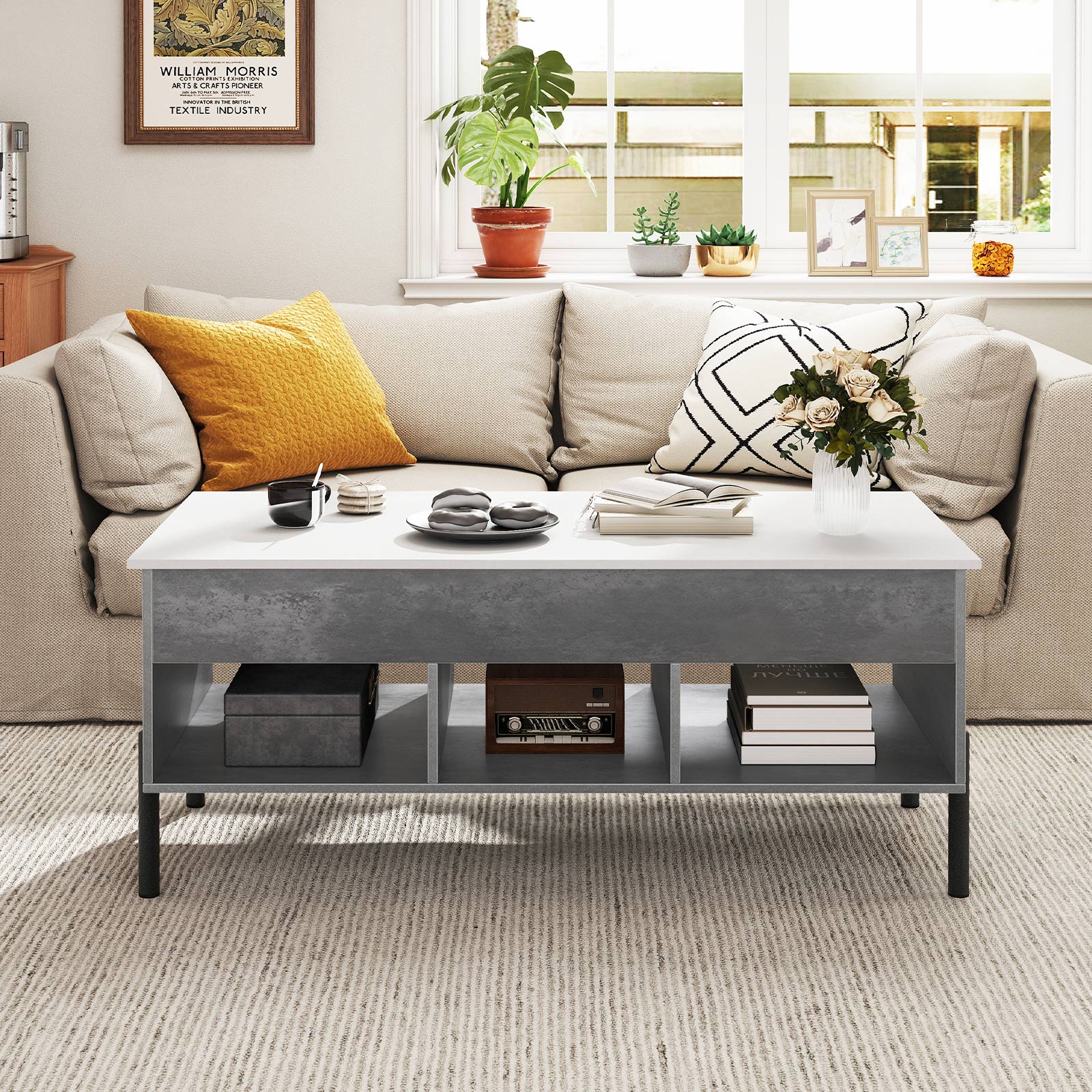 Couchtisch höhenverstellbar Kaffeetisch mit anhebbarer Tischplatte 3 offenen Fachen Grau 100 x 50 x 45/59 cm