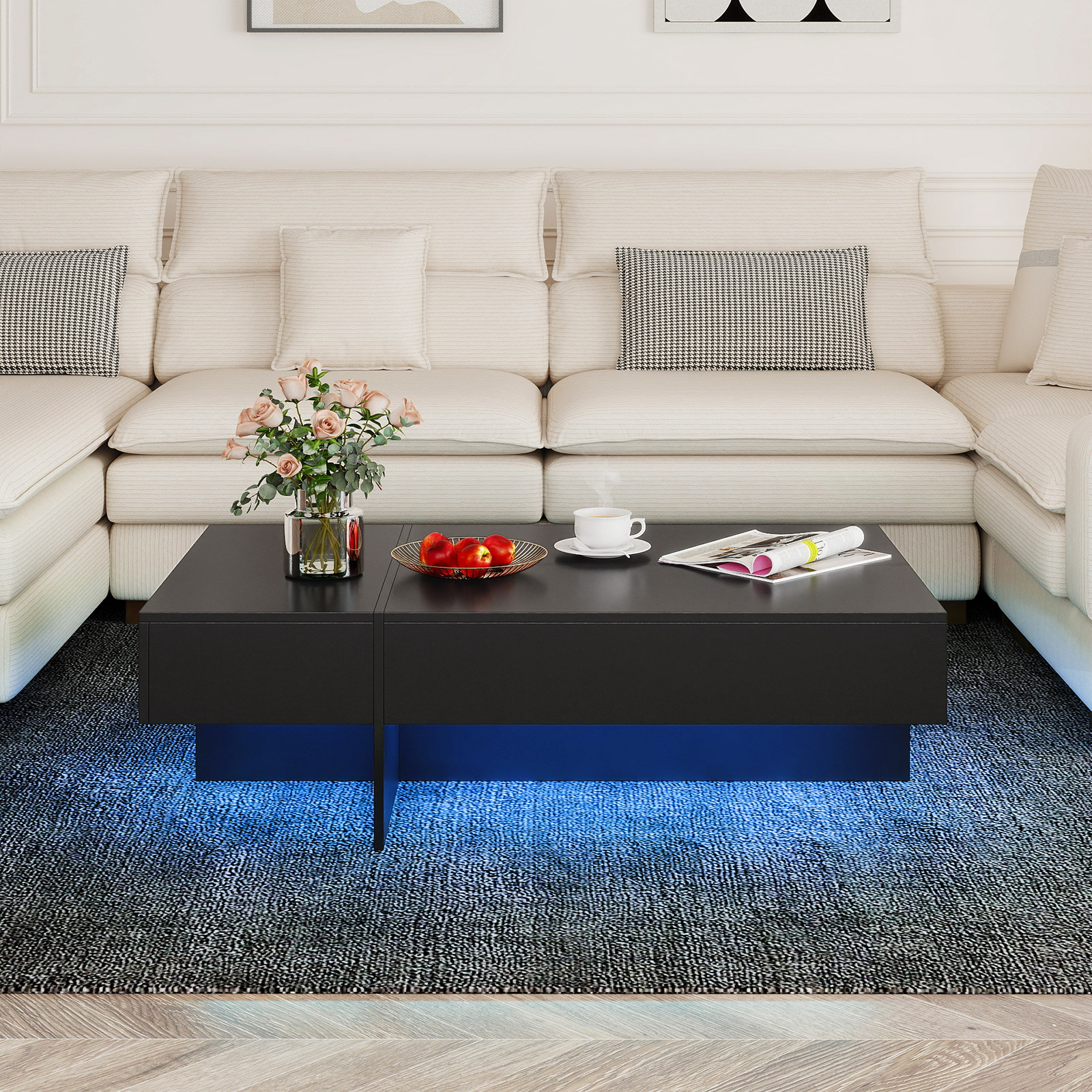 Hochglanz Couchtisch mit 16-Farbiger LED Beleuchtung & 3 Schubladen Rechteckiger Kaffeetisch Schwarz