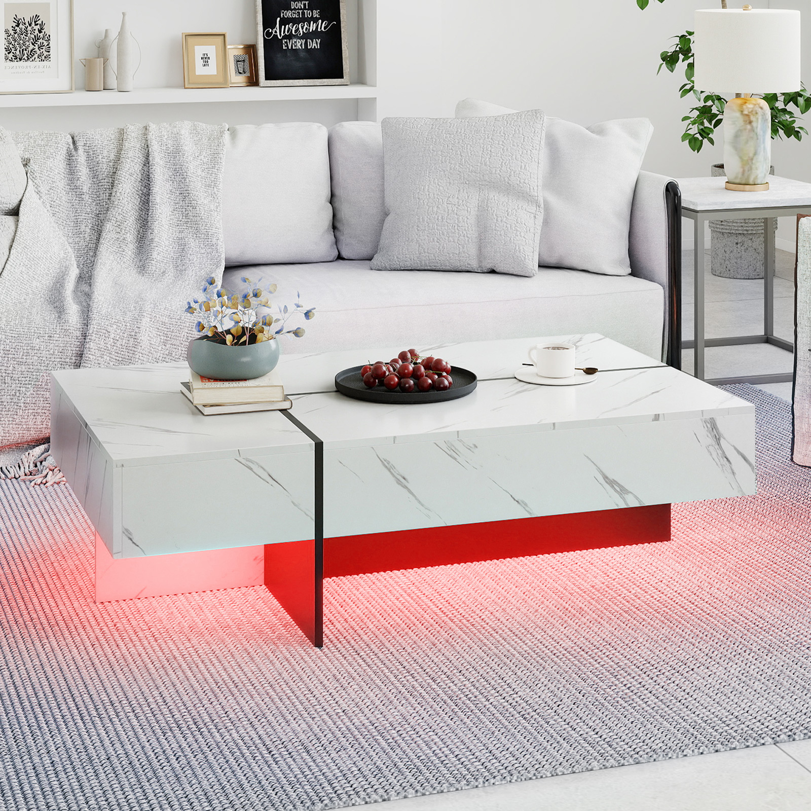 Hochglanz Couchtisch mit 16-Farbiger LED Beleuchtung & 3 Schubladen Rechteckiger Kaffeetisch Weiß