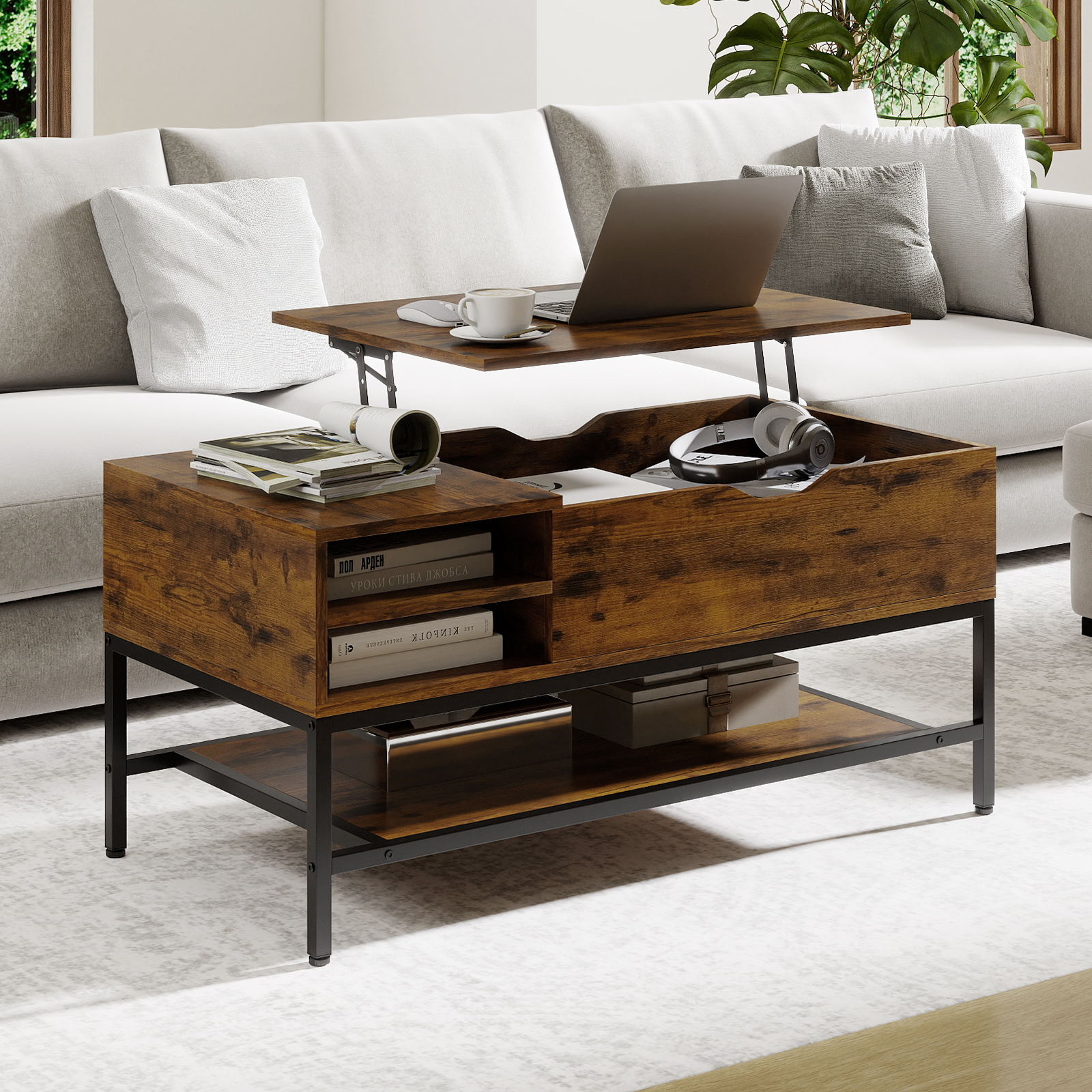 Couchtisch mit höhenverstellbare Tischplatte Wohnzimmertisch mit verstecktem Fach Holz Sofatisch mit Ablagefach Braun