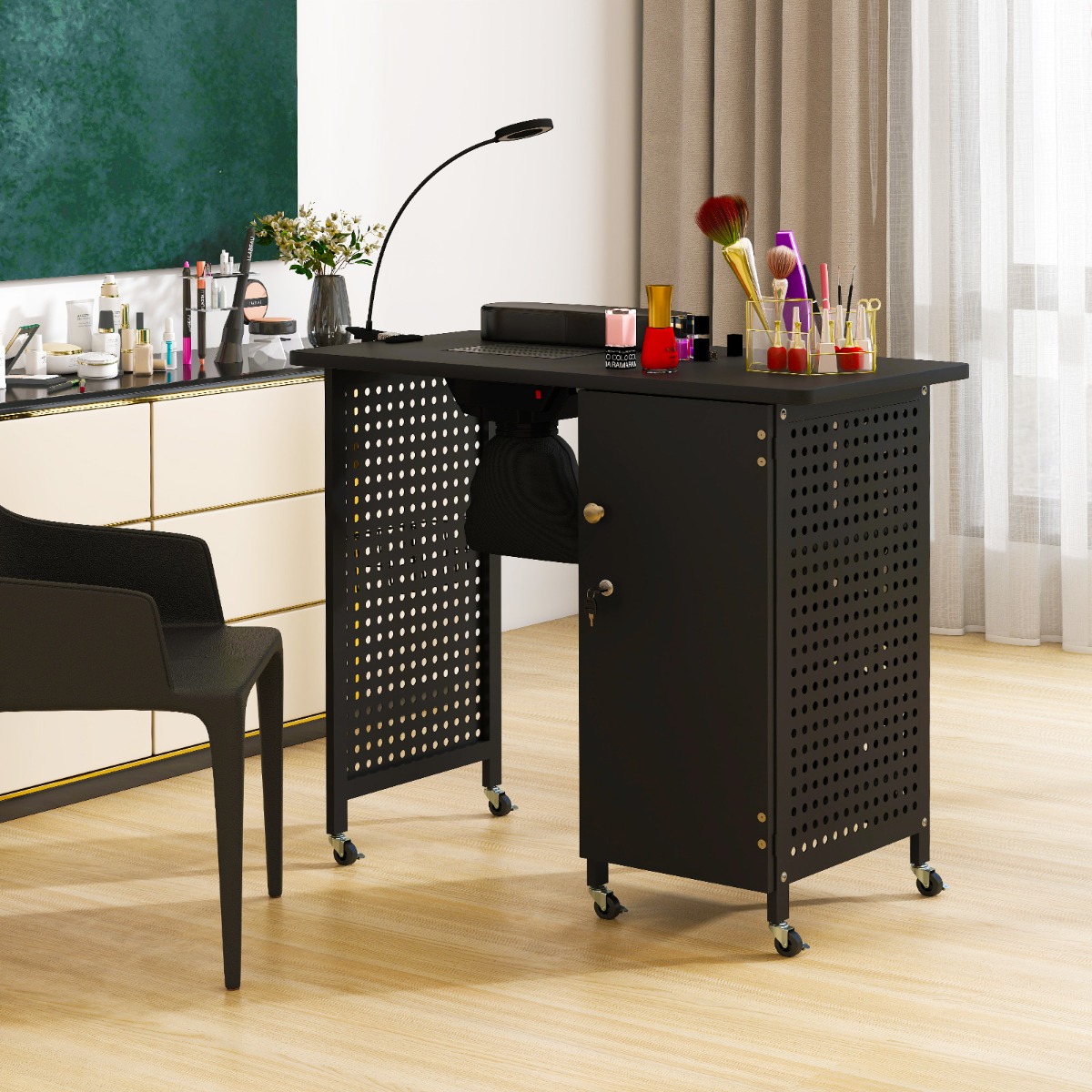 Manikürtisch mit 6 Rädern Nageltechniker Schreibtisch mit Staubbeuteln & Abzugsventilator