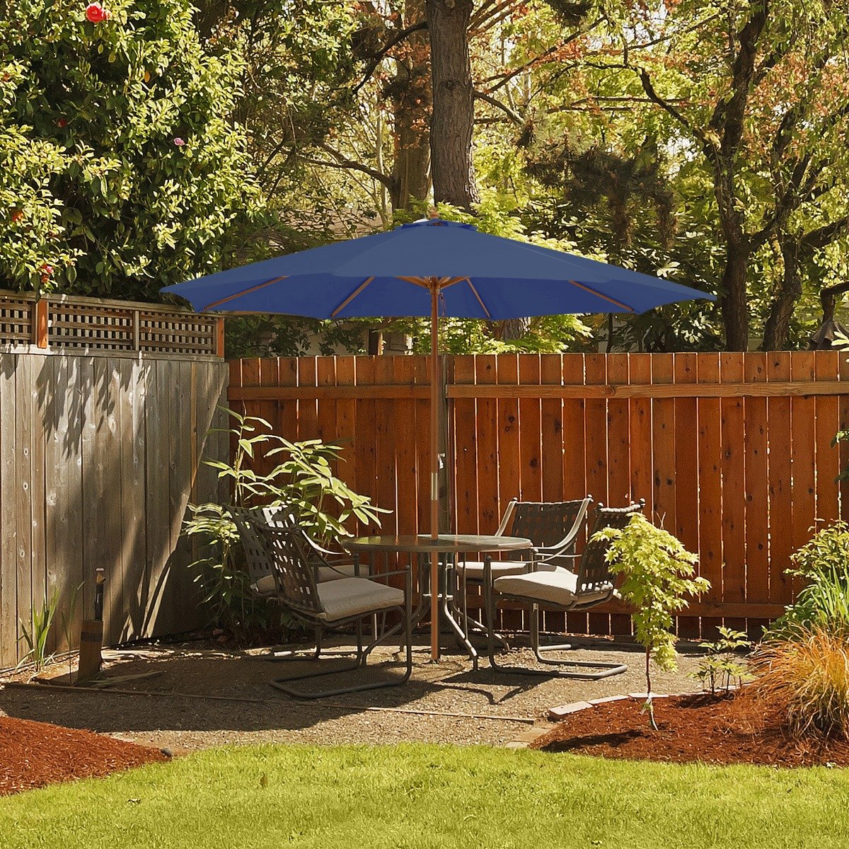 300 cm großer Sonnenschirm aus Holz Tischschirm mit 8 Bambusrippen 300 x 300 x 262 cm Blau
